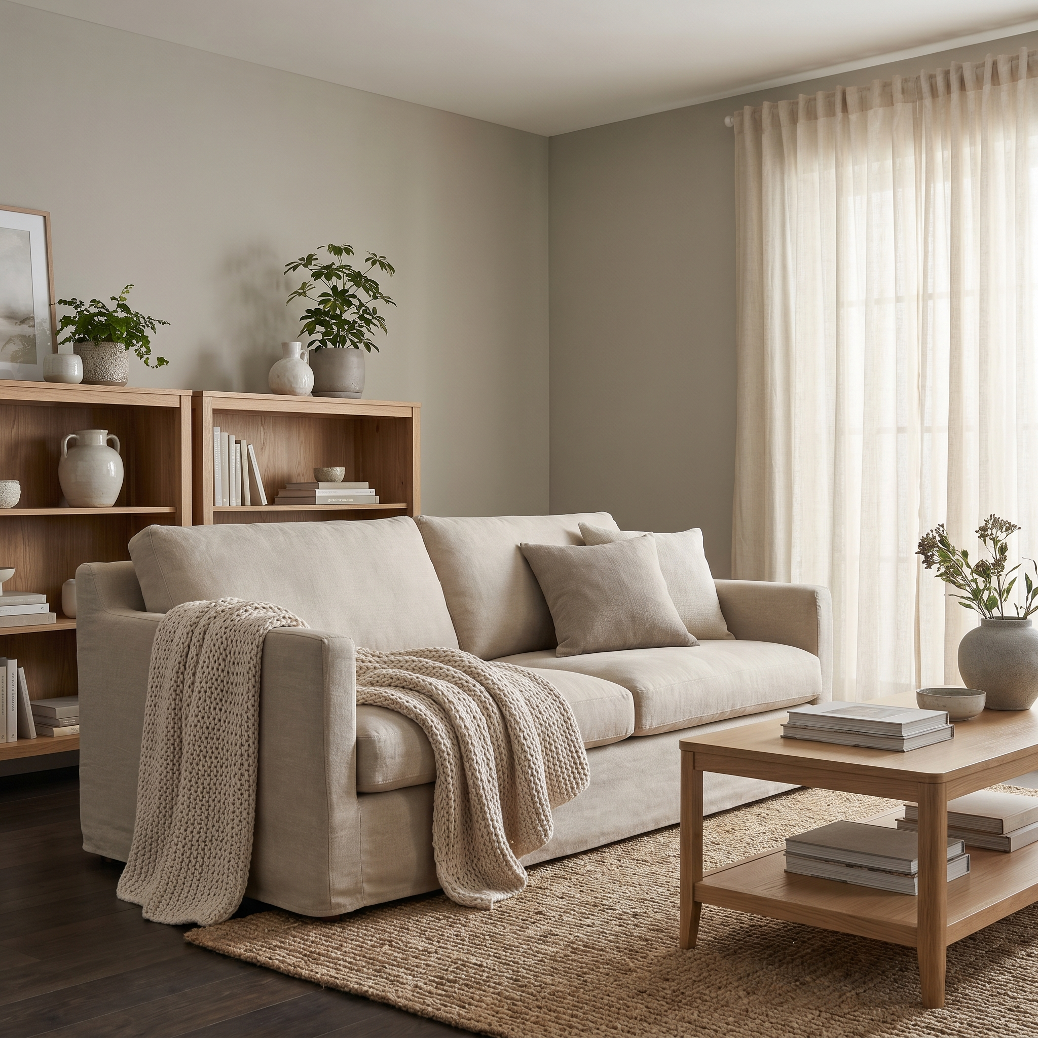 Warm neutral living room with natural light and soft textures
