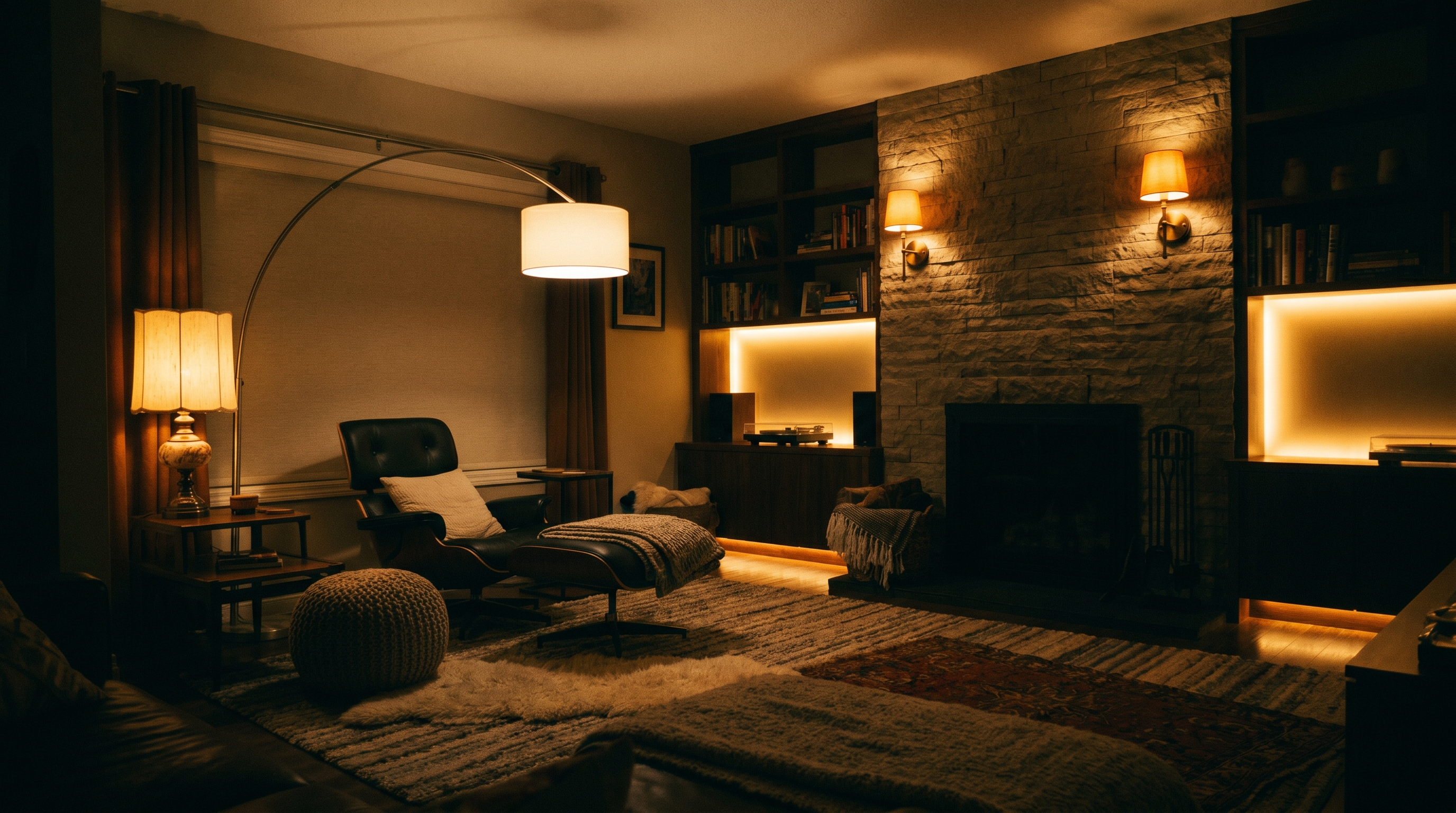 Cozy living room with layered lighting, floor lamp and indirect light