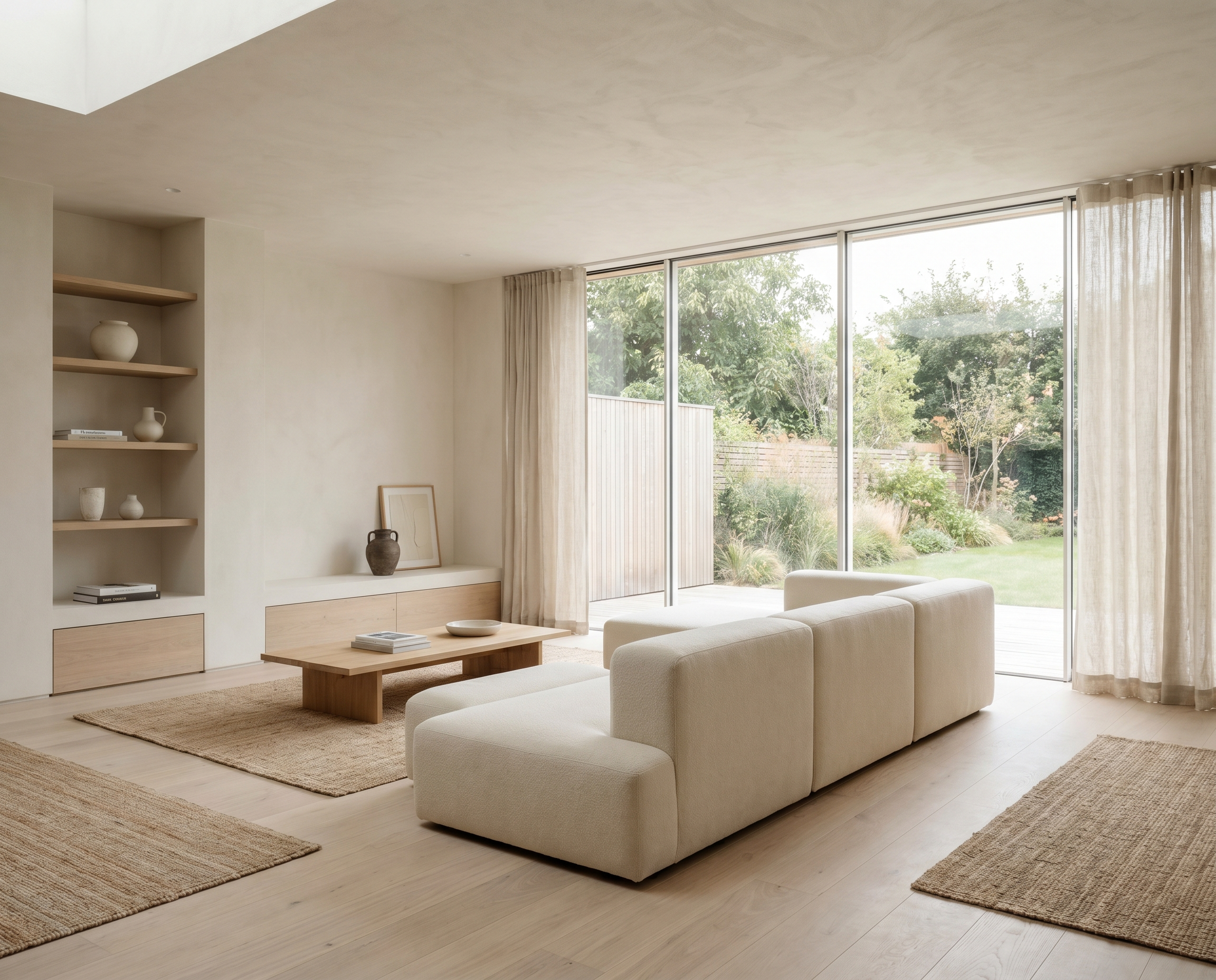 Minimal warm living space with intentional open floor area