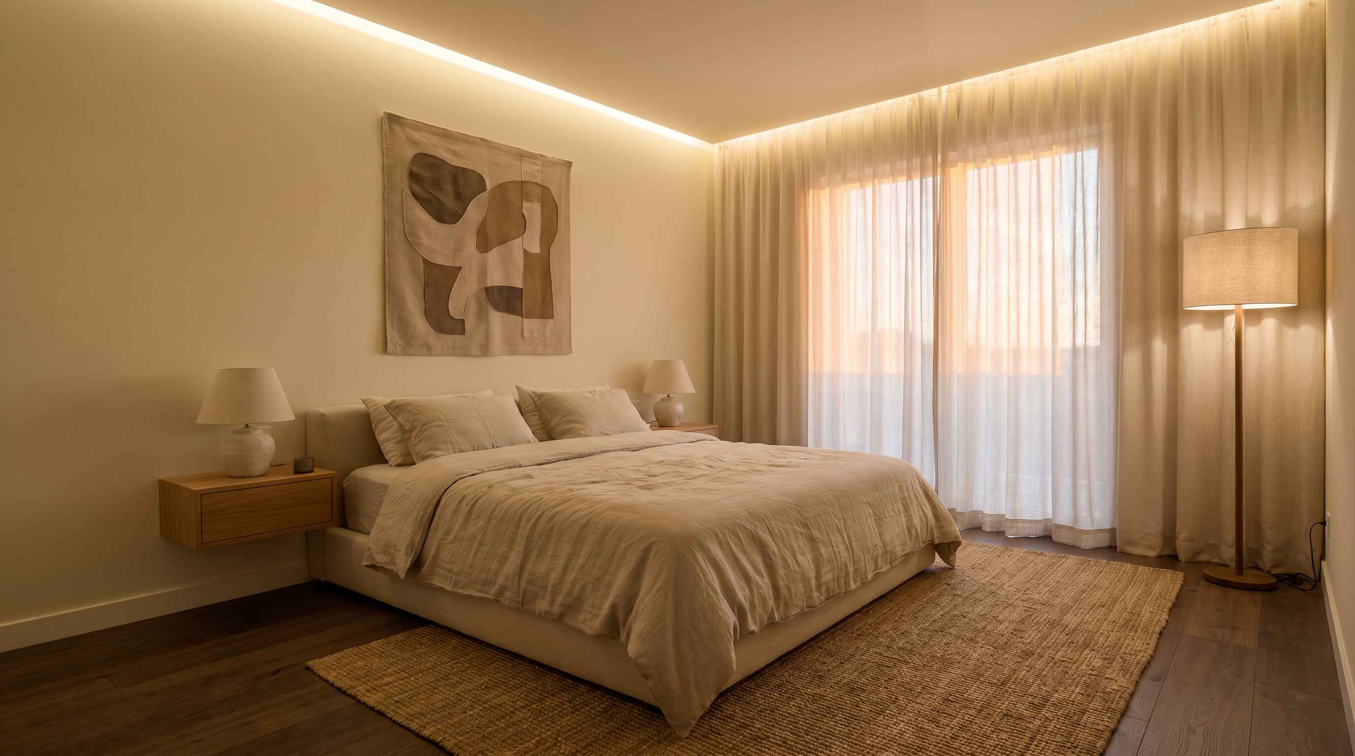 Soft, calm bedroom designed for quality sleep and recovery