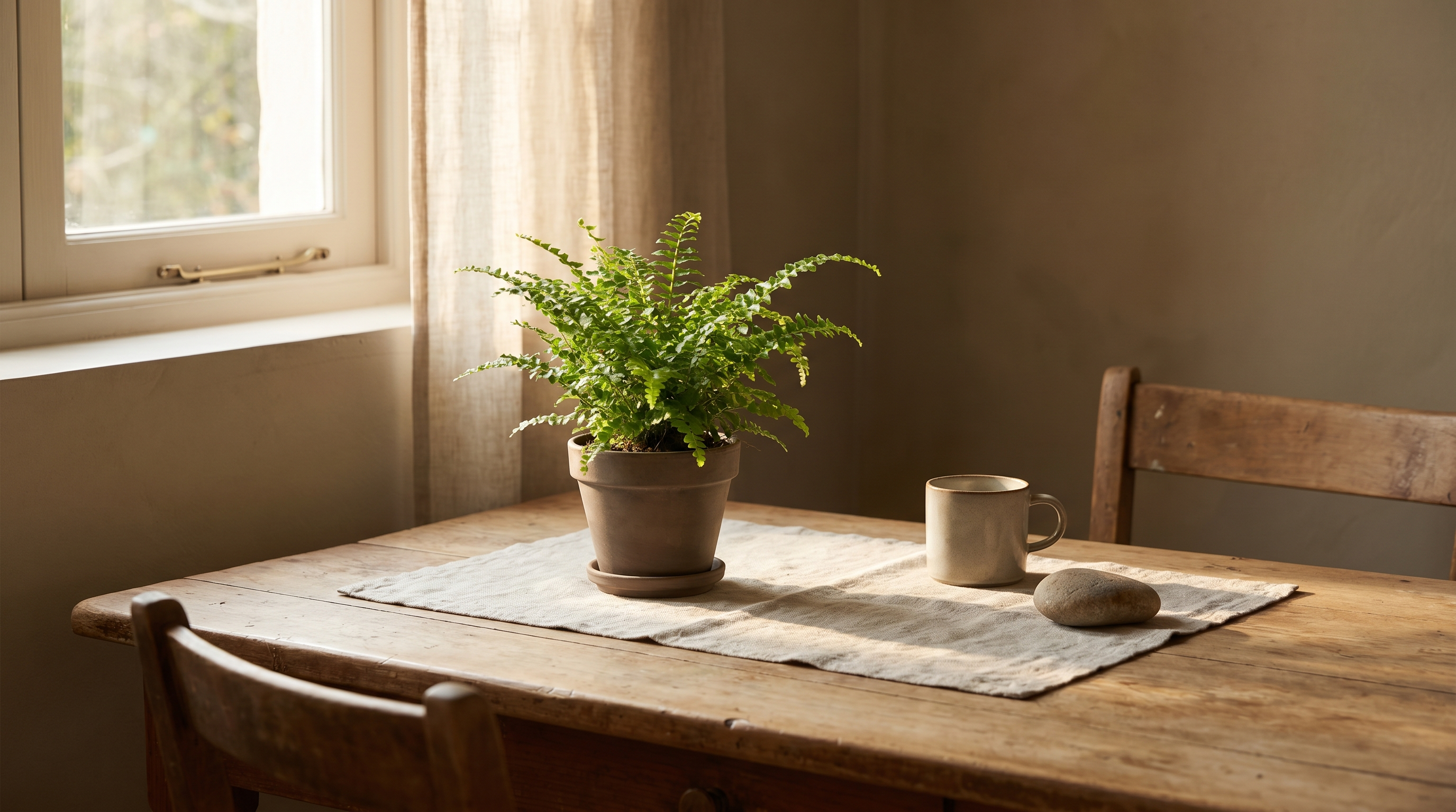 Small plant on a wooden table with soft natural light