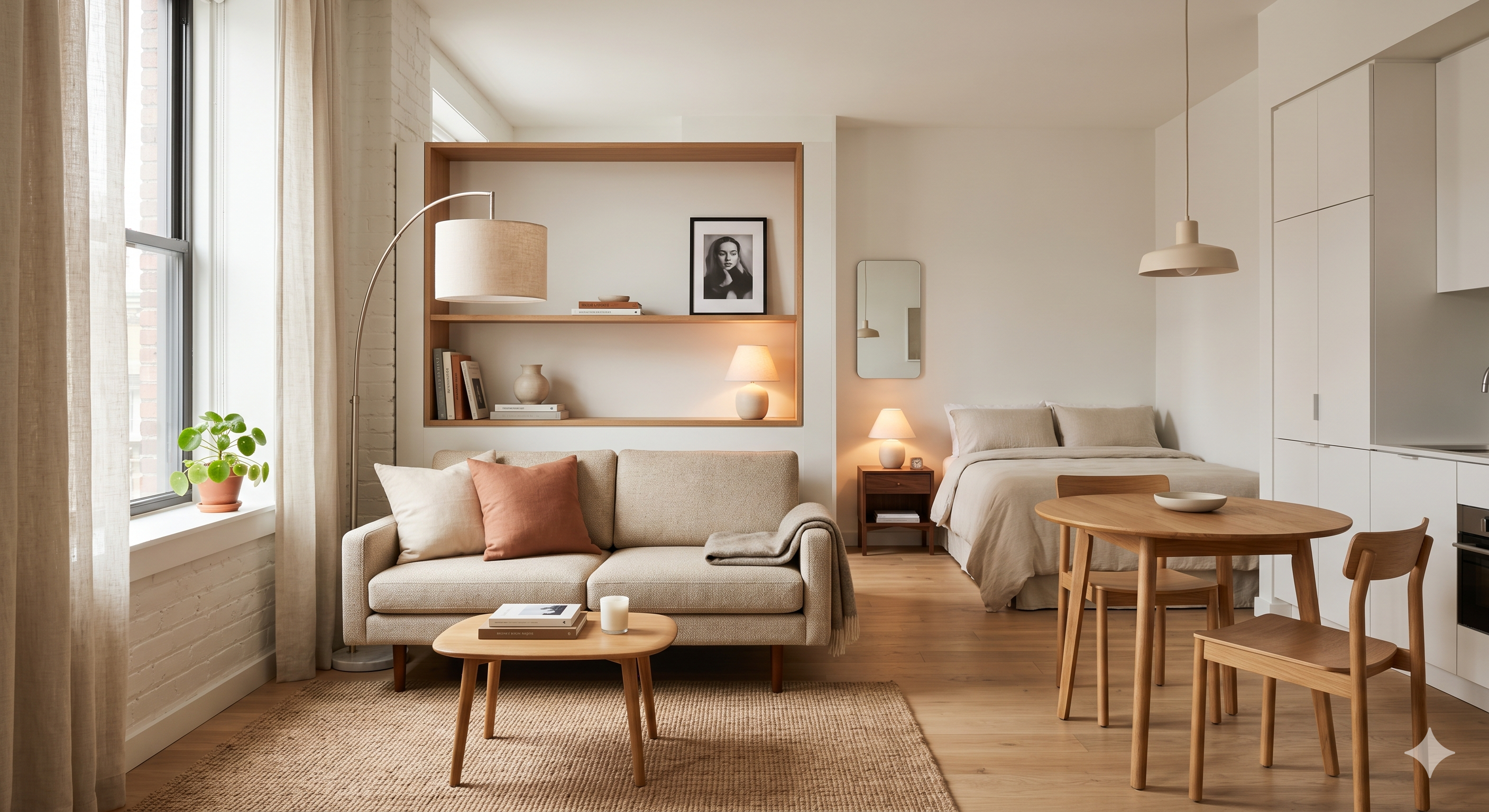 A well designed studio with a wall mounted desk, slat wood paneling, gray sofa, and a tucked away bed