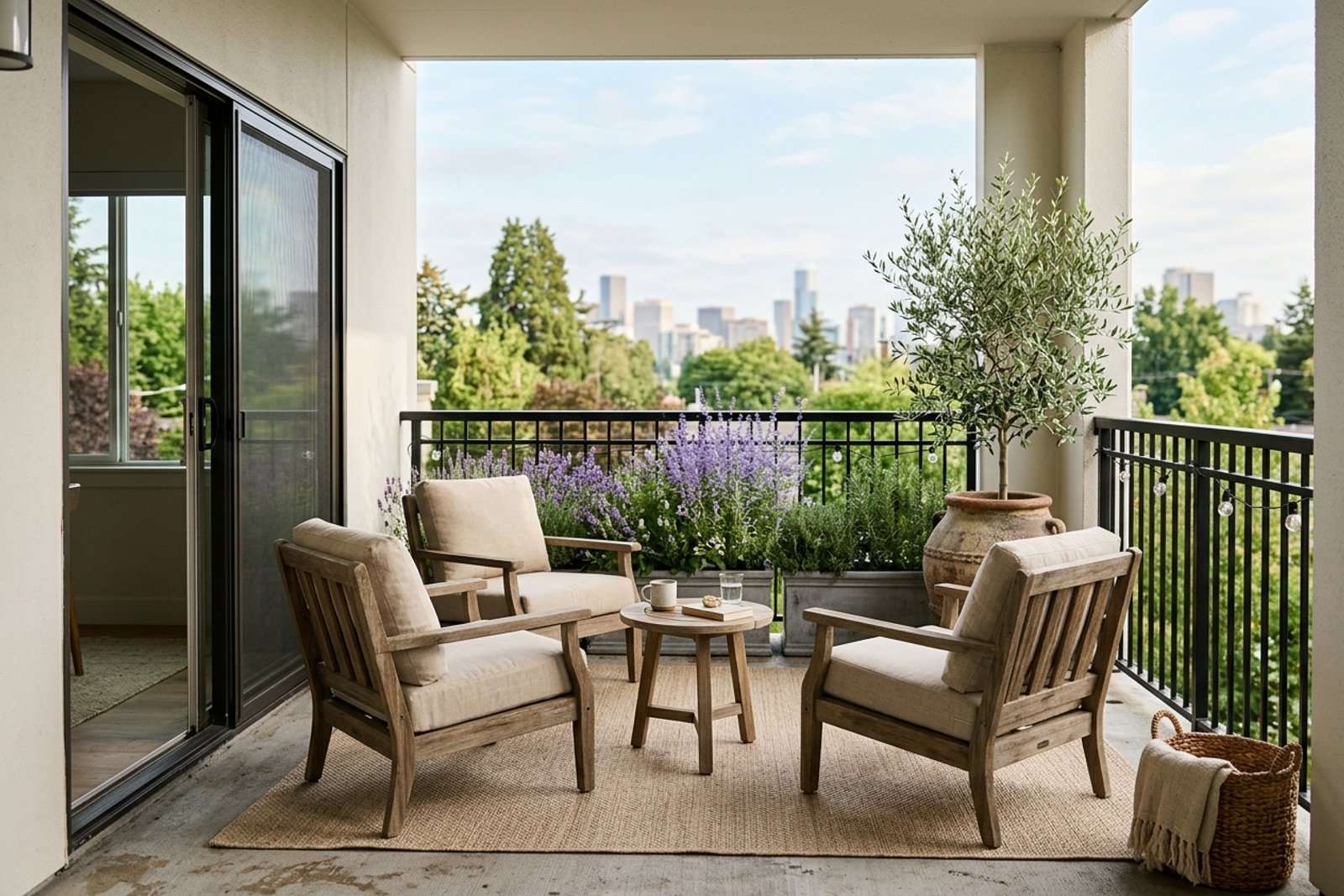 A small cottage patio in early summer light with a natural fiber rug under two armchairs, one large terracotta urn holding an olive tree at the corner, and a band of lavender and rosemary stepping down toward the slab edge
