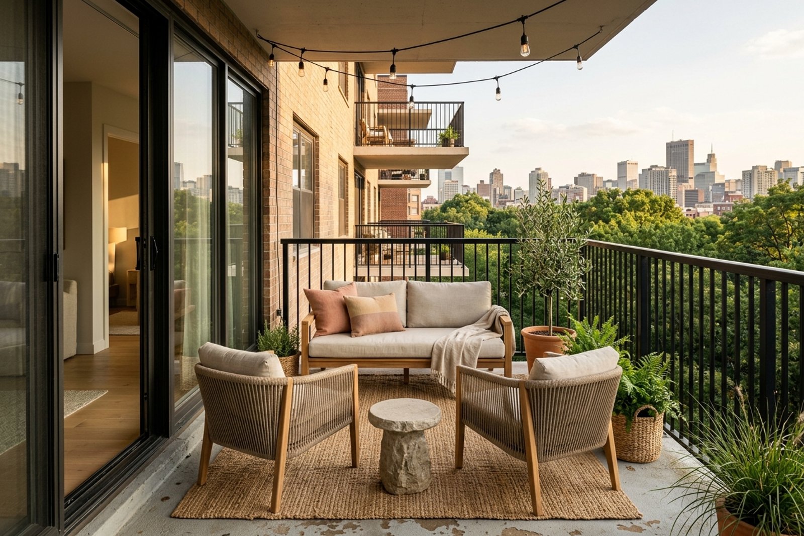 A cottage style patio lounge in late afternoon: a teak love seat with washed linen cushions, two rope wrapped armchairs around a low stone side table, all under a straight run of warm string lights on a black wire