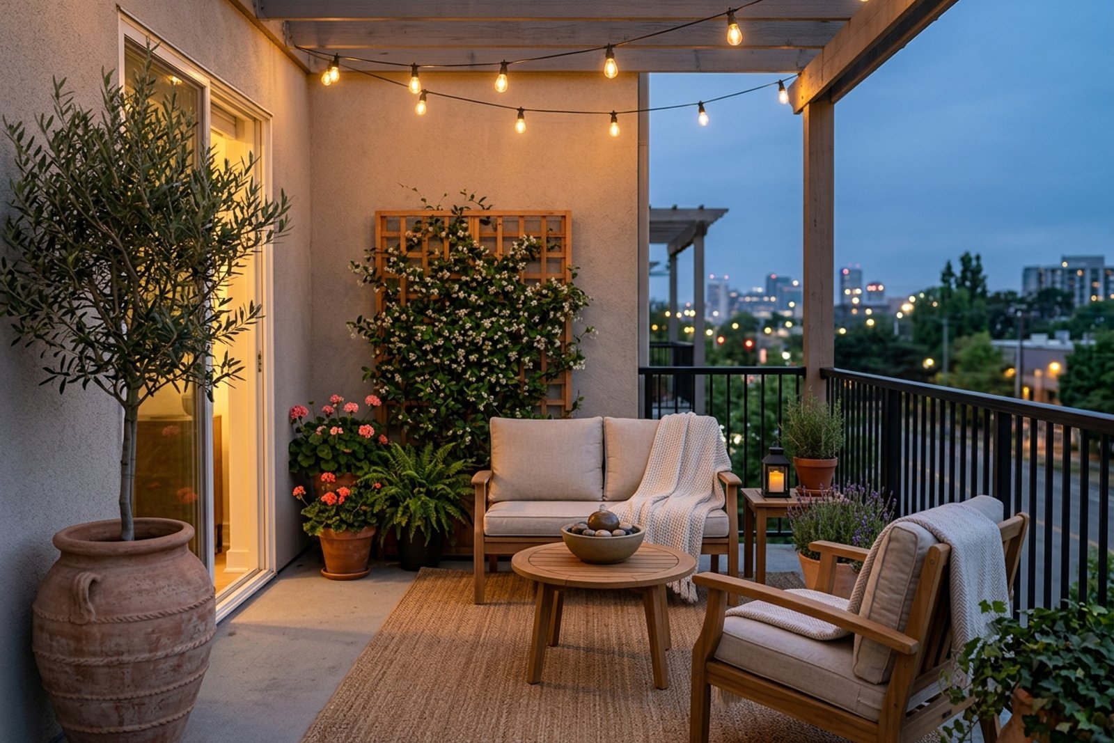 The finished cottage patio at dusk: olive tree in a terracotta urn, jasmine climbing a weathered cedar trellis, a love seat and two armchairs on a natural fiber rug, a straight run of 2200K bulbs overhead, and a small tabletop fountain on the side table