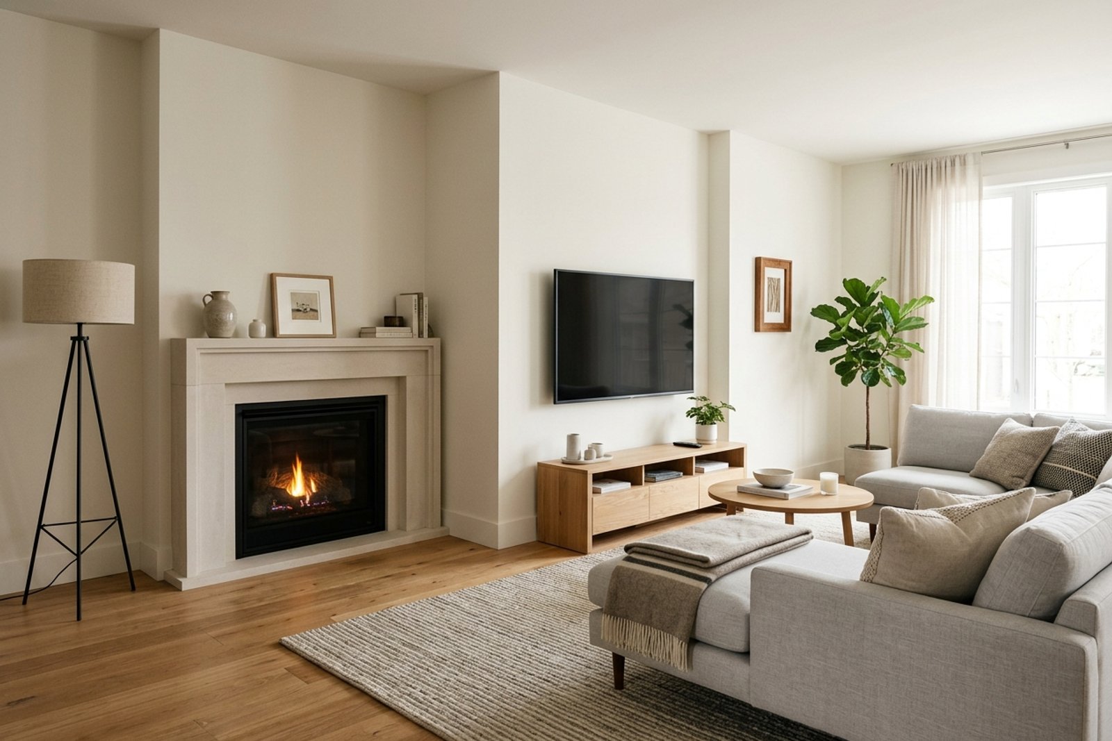 A compact living room with a fireplace and a wall mounted television on the adjoining wall, with an L shaped sofa positioned so both are visible from the seat