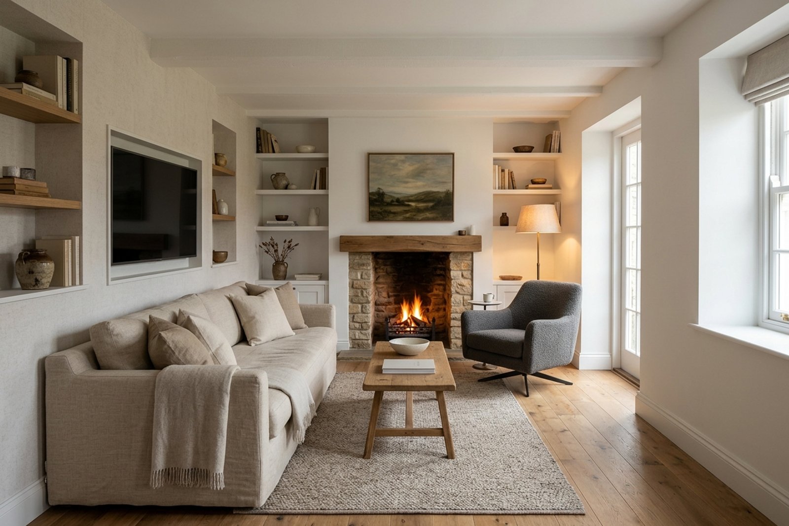 A narrow living room with the television and fireplace on opposite walls, a sofa running along the long wall, and a swivel chair turned toward the fire