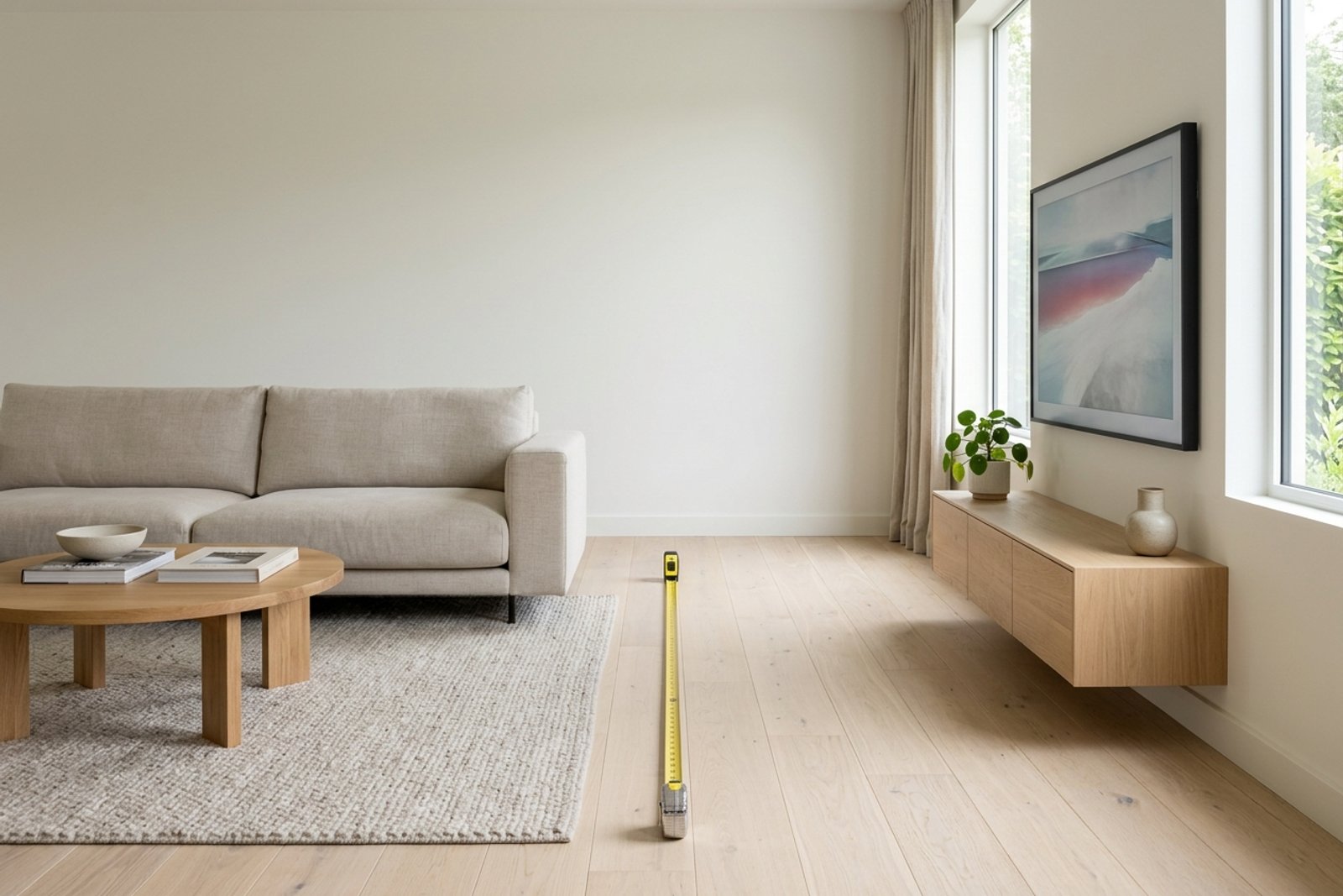 A living room seating group positioned at a measured distance from a wall mounted television, with a tape measure visible on the floor