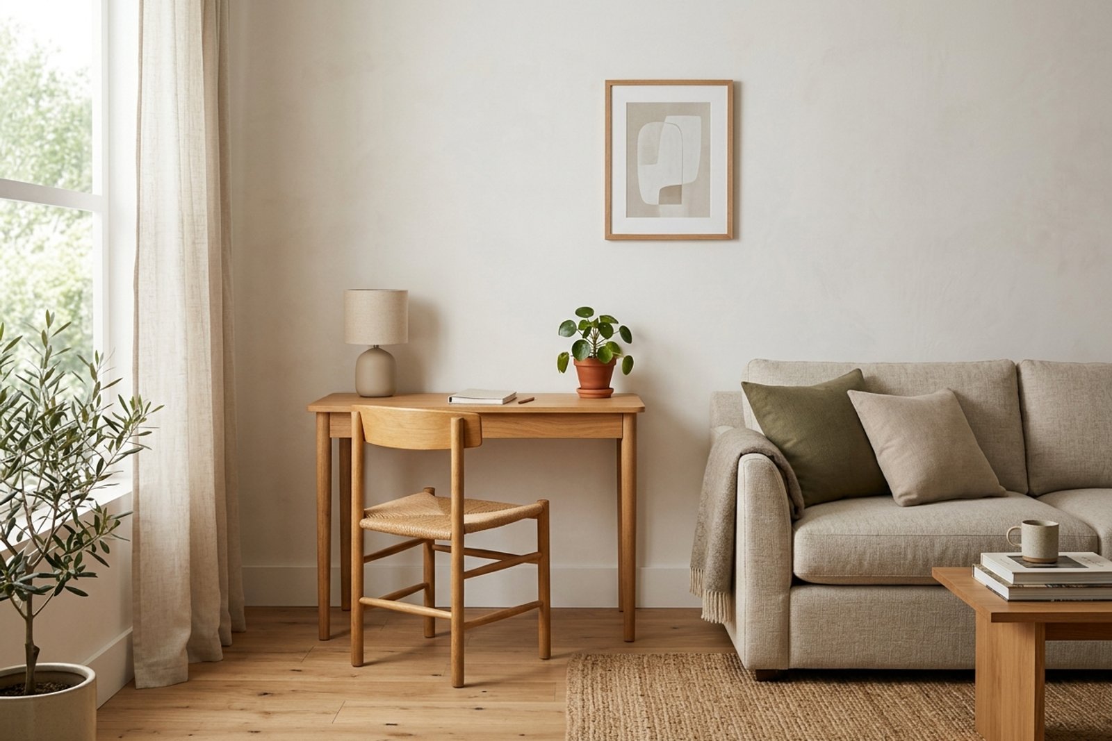 A small living room with a compact desk on a quiet side wall, a clear walking path, and a chair tucked neatly under the work surface