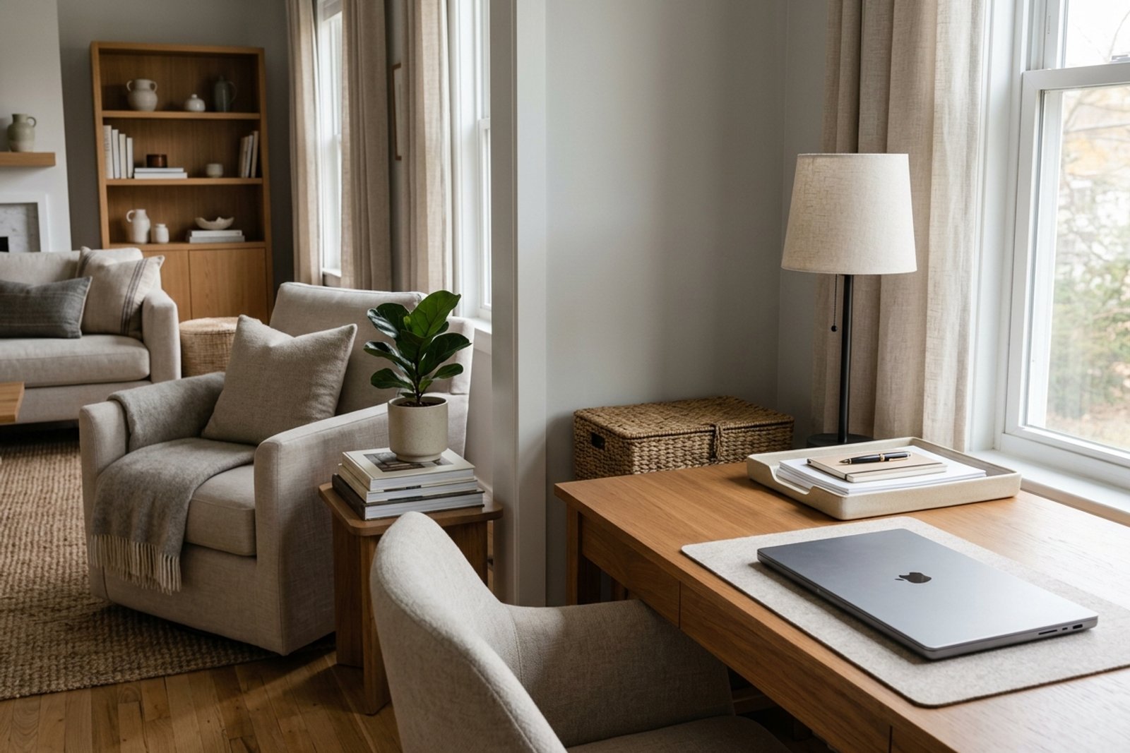 A compact living room work zone after work with the laptop closed, cords hidden, papers stored in a tray, and the sofa area reading calm again