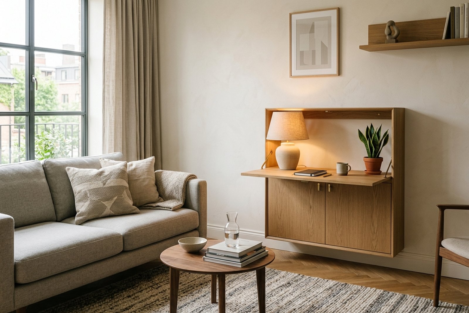 A compact living room with a fold down desk, closed cabinet storage, warm lamp light, and the seating area still anchored by a rug