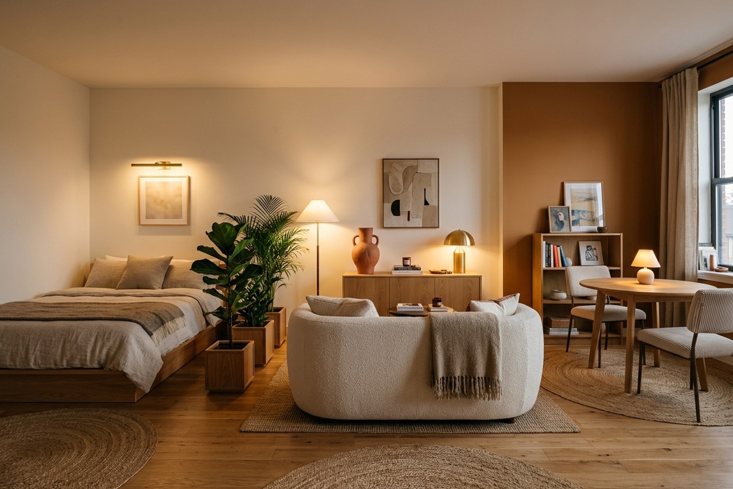 A 400 sq ft studio showing the finished 2026 formula: three zones visible in one shot, plants as a soft divider, three jute rugs, and warm 2700K lamps glowing at evening