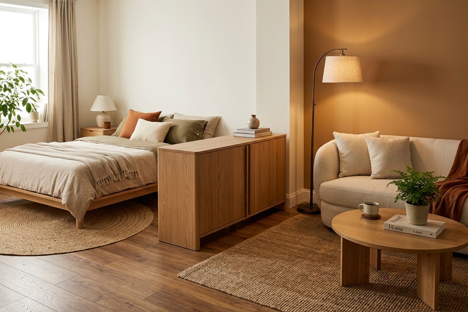 A low oak credenza dividing a sleep zone from a living zone in a warm small studio, with a cream linen sofa in front and a caramel accent wall behind