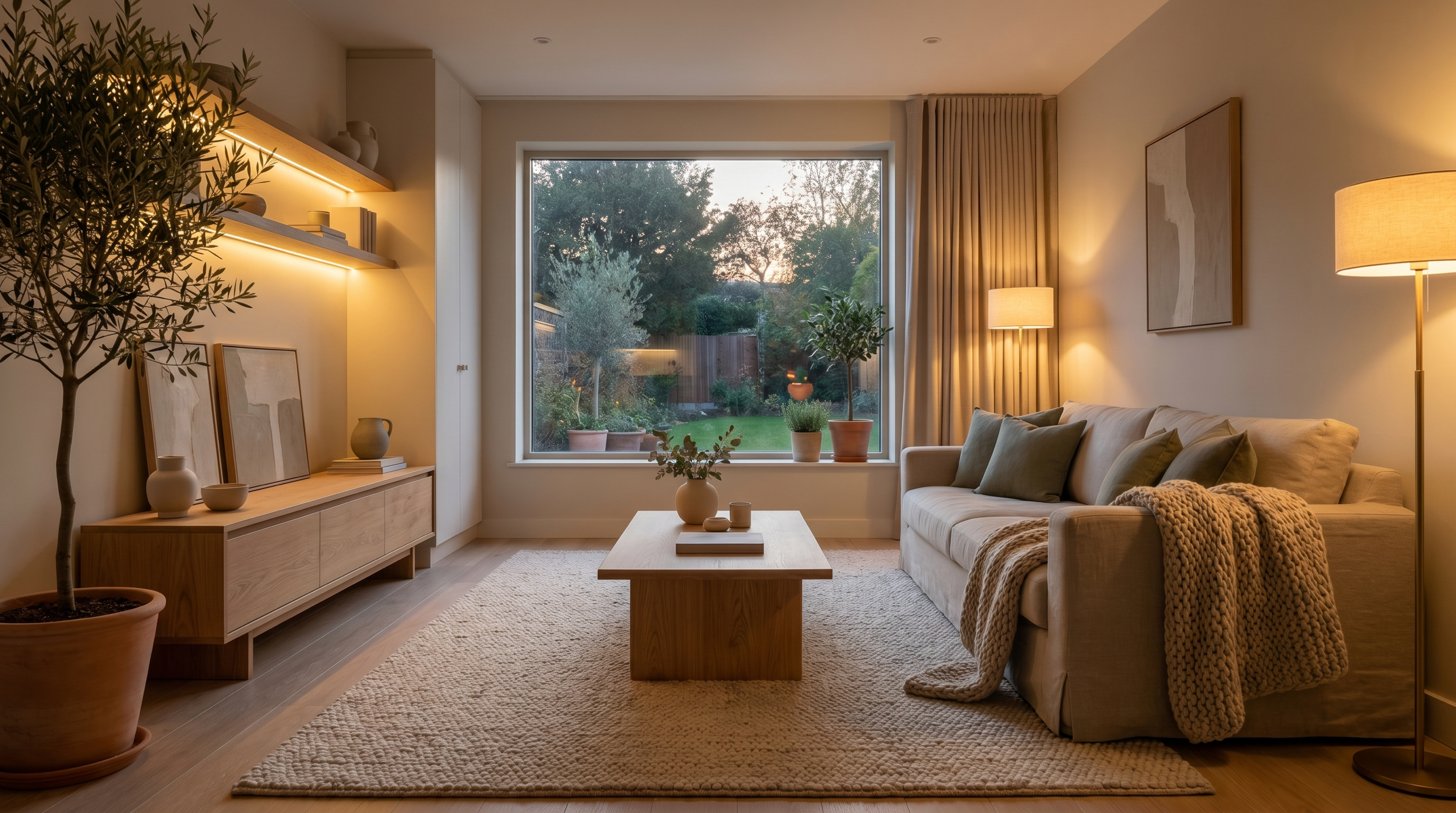 Calm living room with warm lighting, soft textures, and an olive tree by the window