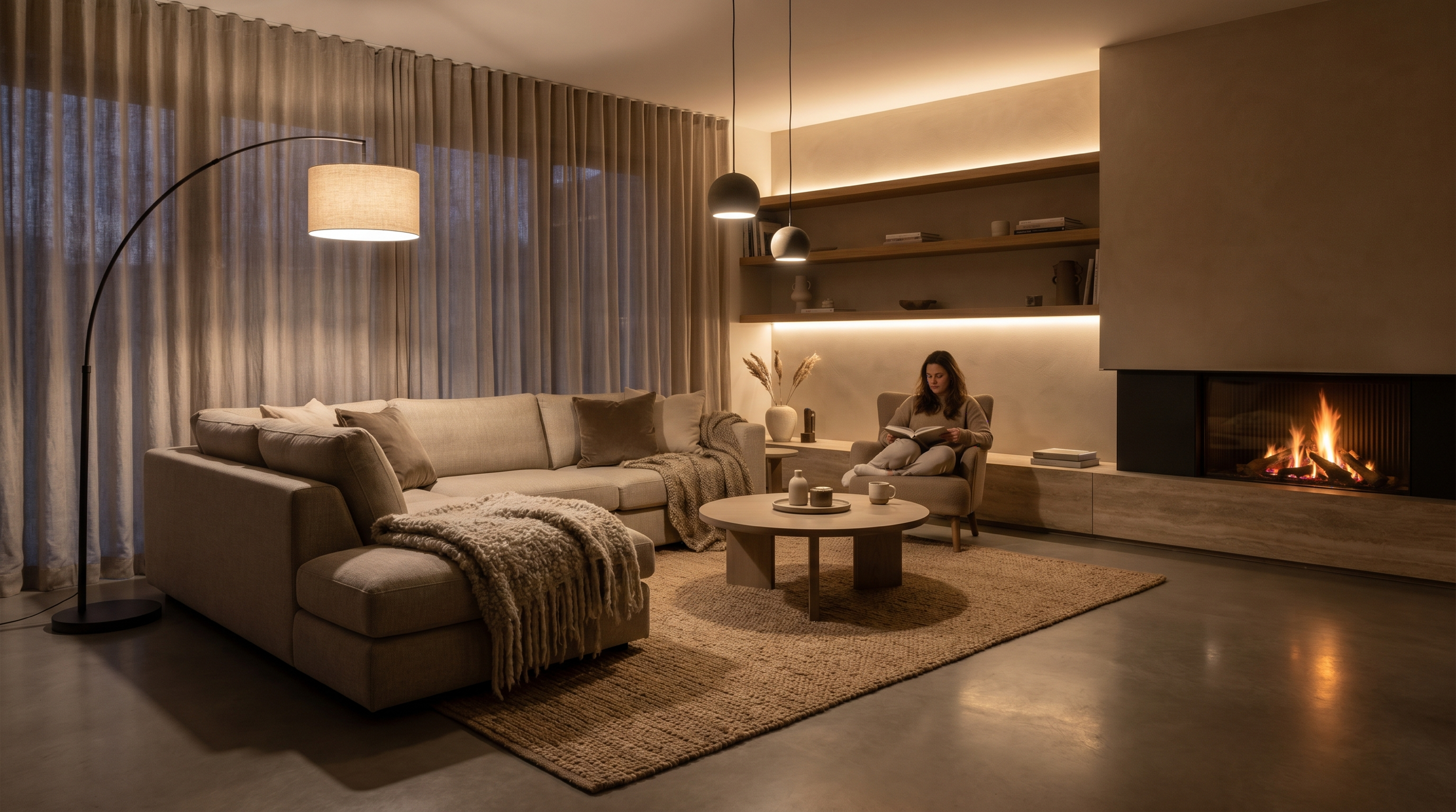 Warm layered lighting in a calm living room with fireplace and floor lamp