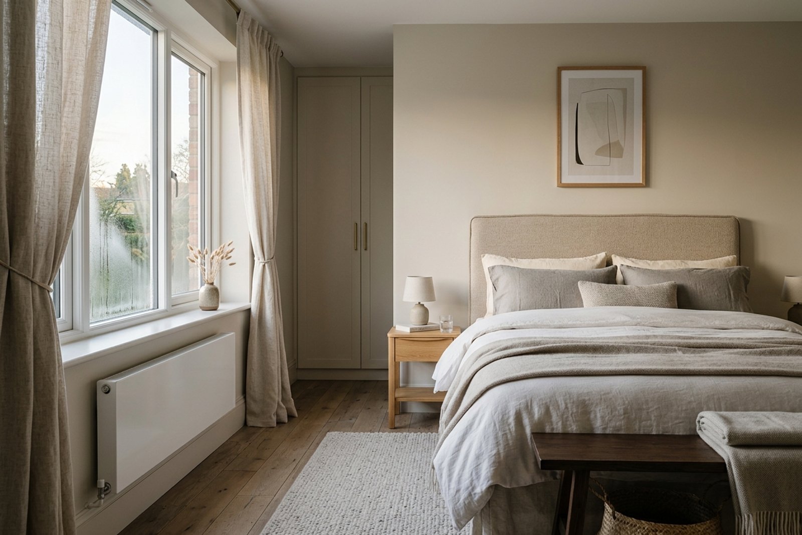 Bedroom window at dawn with light condensation on the lower glass, the curtains drawn back, a clear radiator below the sill, and the bed set against the side wall