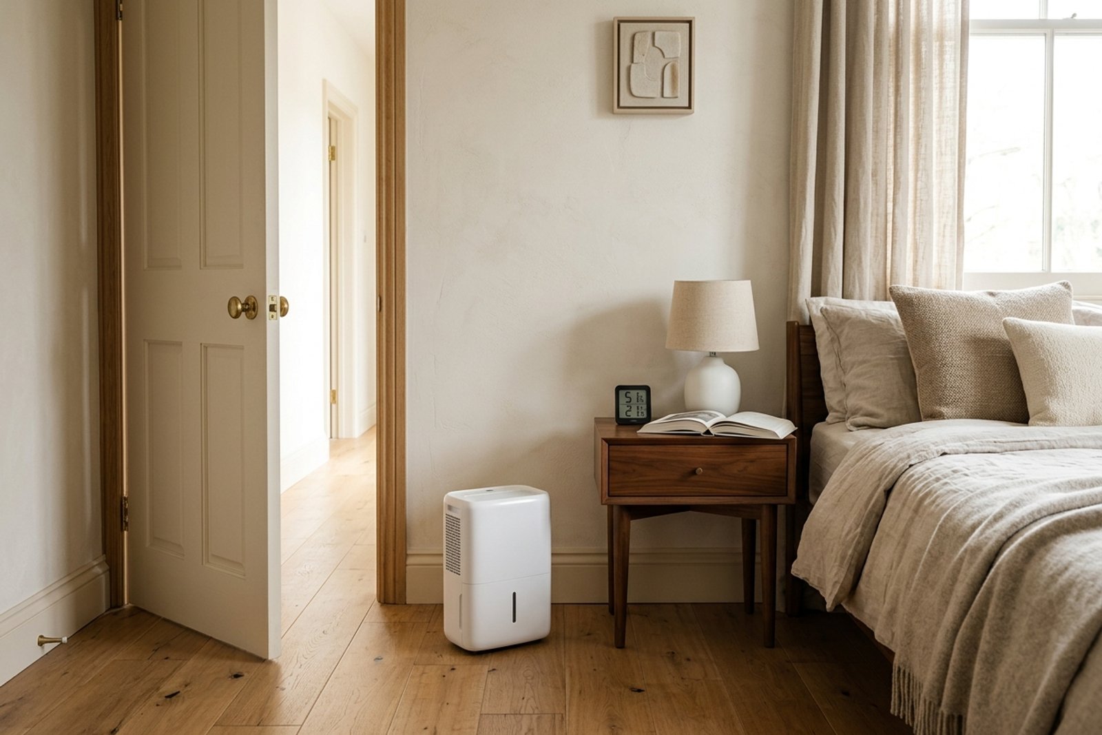 Bedroom corner in the morning with the door left ajar, a small dehumidifier on the floor a foot from the wall, and a digital hygrometer on the nightstand