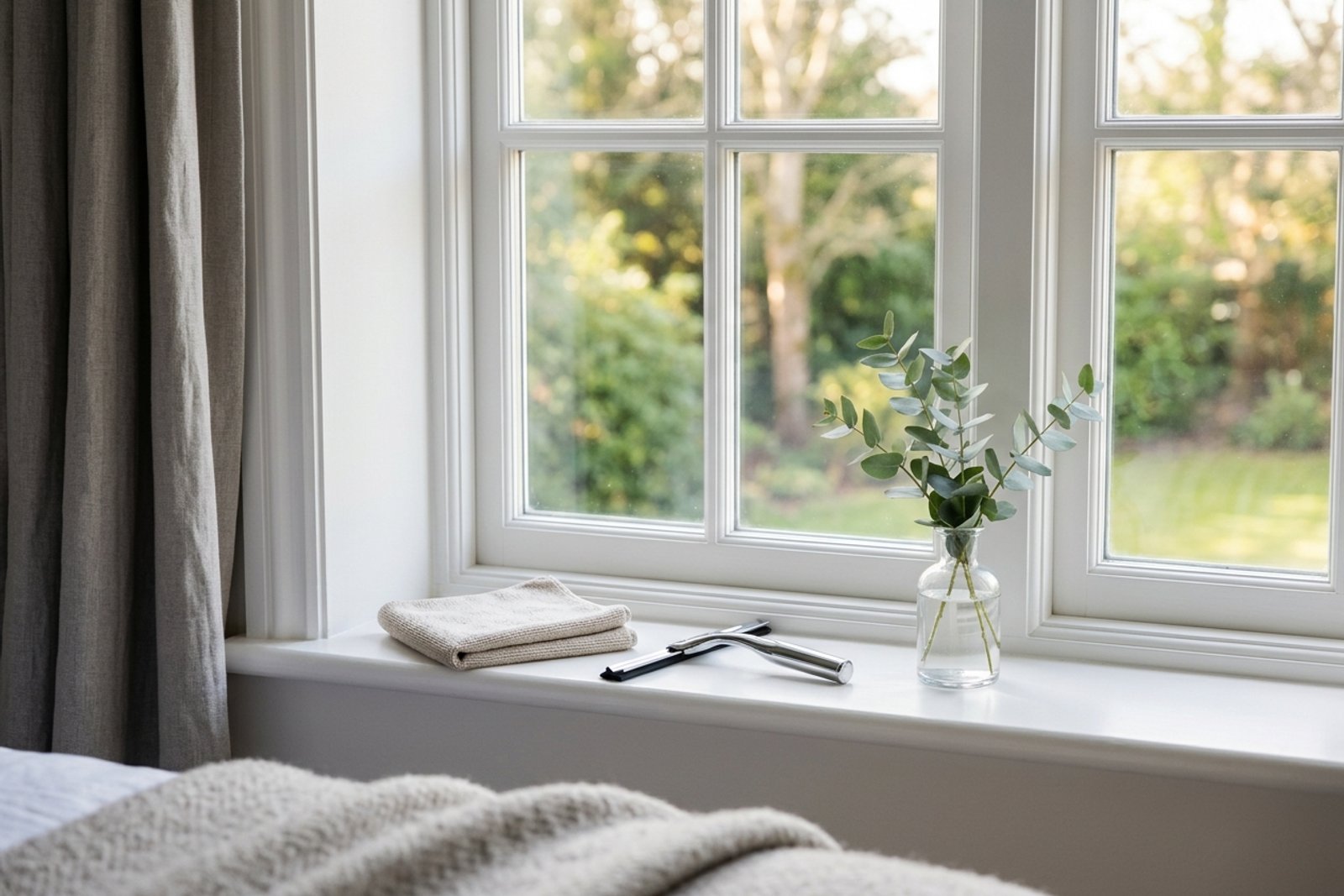 Clean, dry window sill in a bedroom with fresh white caulk, a folded microfiber cloth and small squeegee on the ledge, and morning light through the glass