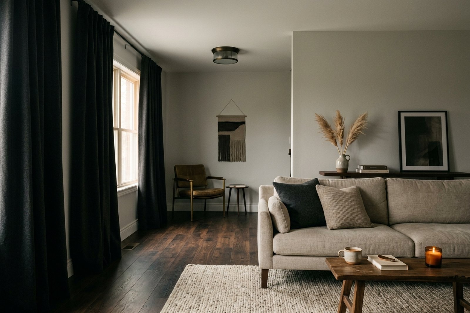 A newly painted low light living room where the pale wall still looks gray because dark curtains, dark flooring, and one ceiling light absorb the brightness