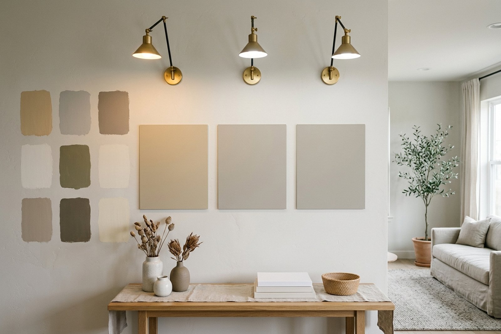 A paint sample wall shown under three lamp temperatures, with 2700K, 3000K, and cooler light changing the same neutral paint