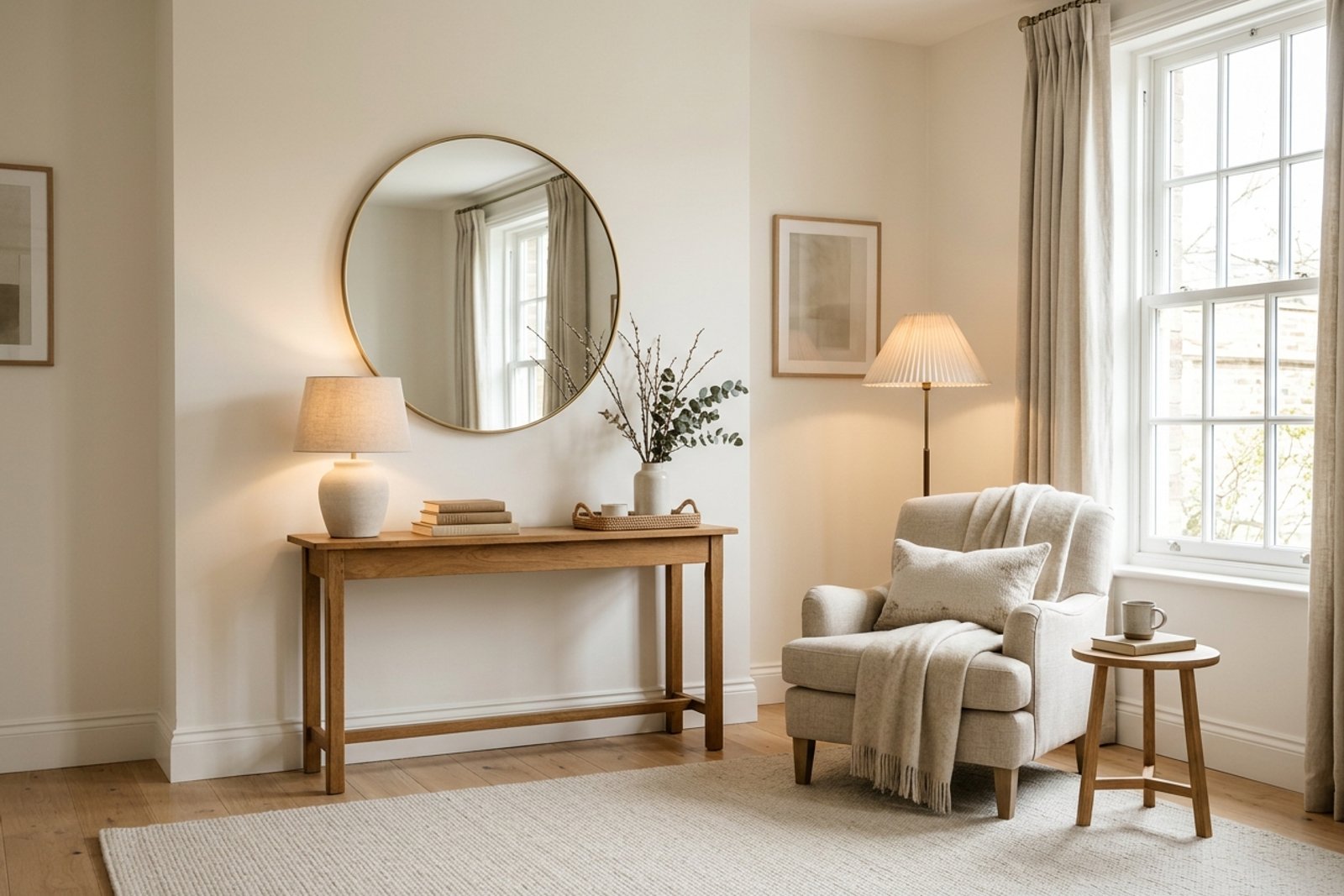 A calm living room with eggshell warm white walls, pale rug, large mirror, and layered lamps making the repaint read brighter without glare