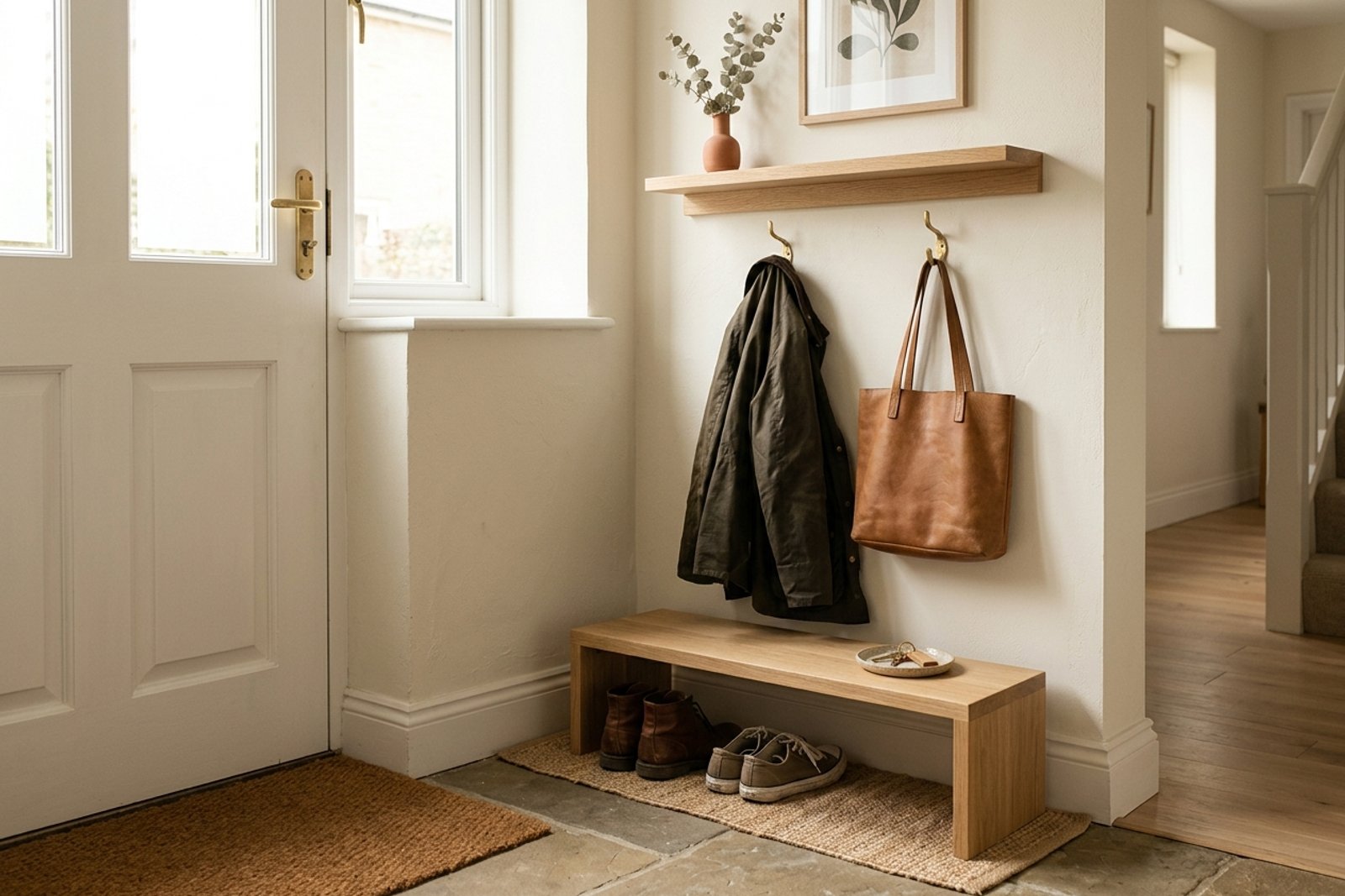 A small tidy entryway with a defined shoe spot, two wall hooks holding a bag and coat, and a little tray for keys by the door