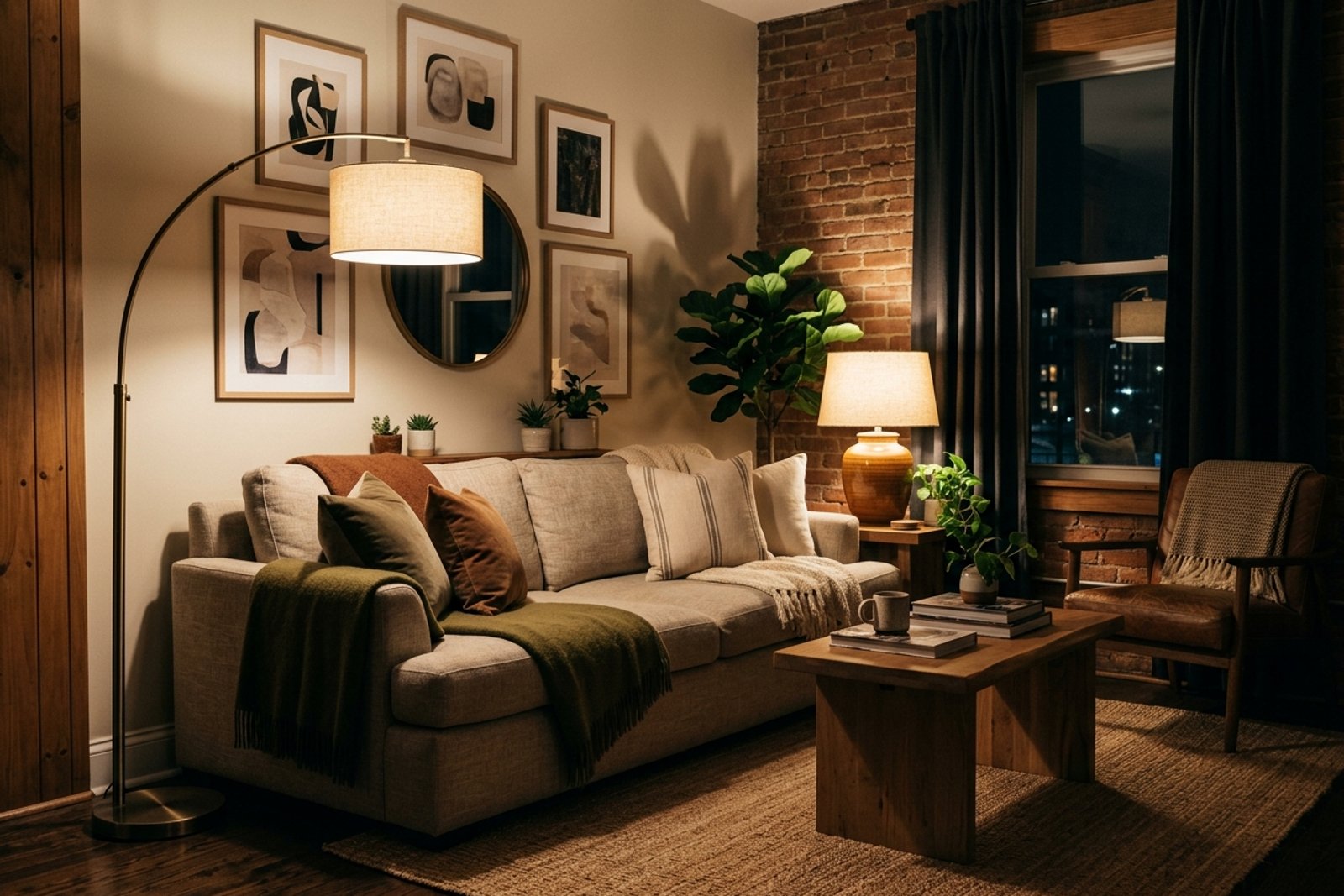 A living room at night lit by a floor lamp and a table lamp at different heights, warm pools of light and soft shadows in the corners, overhead off