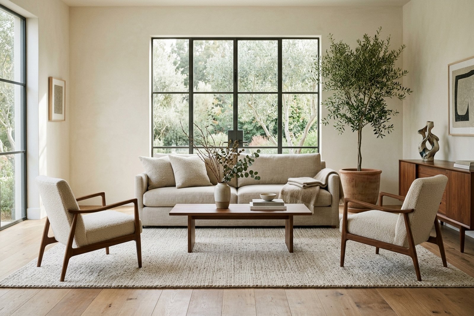 A living room grounded by a large rug with the sofa and chairs sitting on it, the seating clearly reading as one connected zone