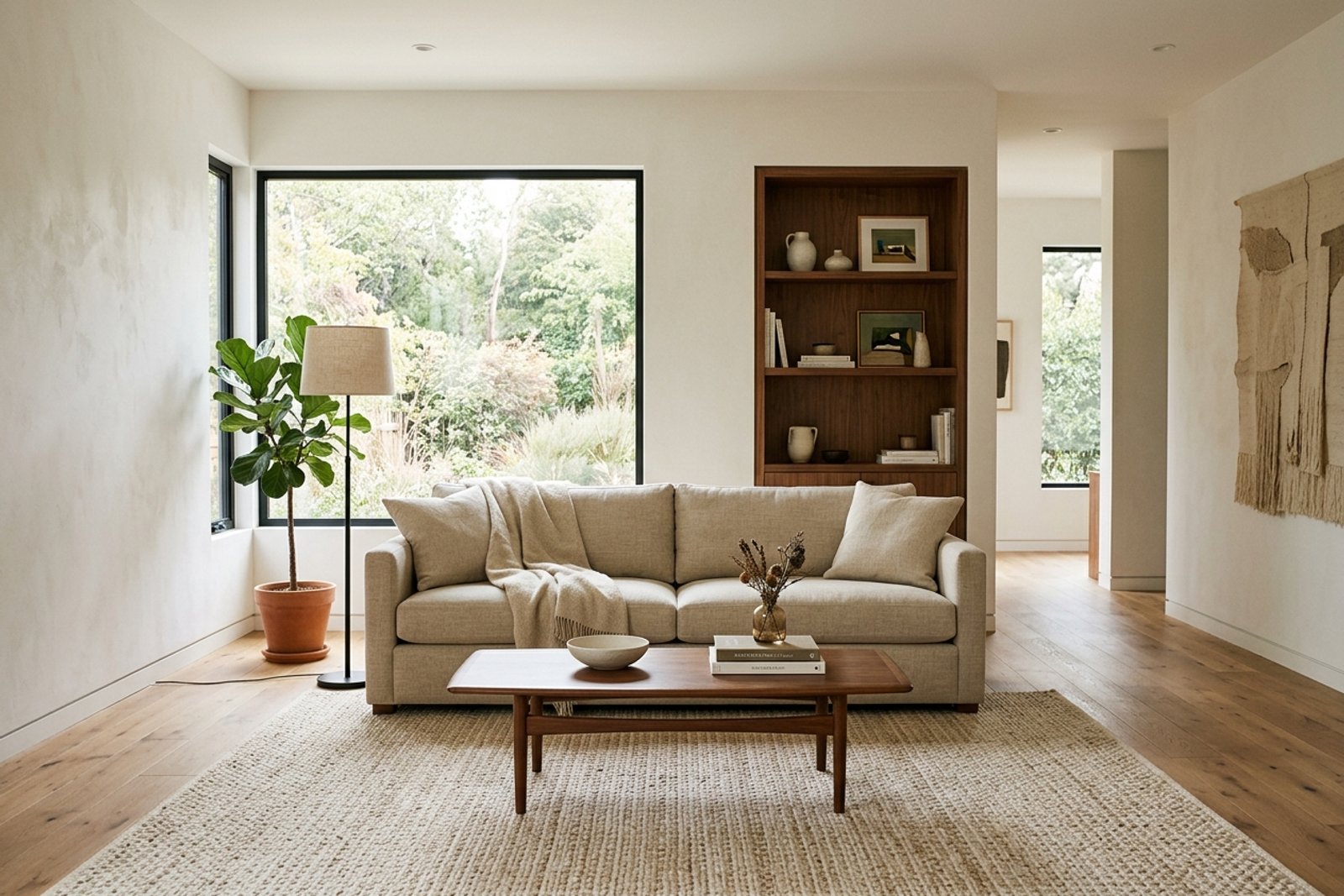 A living room anchored by one well proportioned sofa with a clear walking path around it and room for a coffee table, everything sized to the space