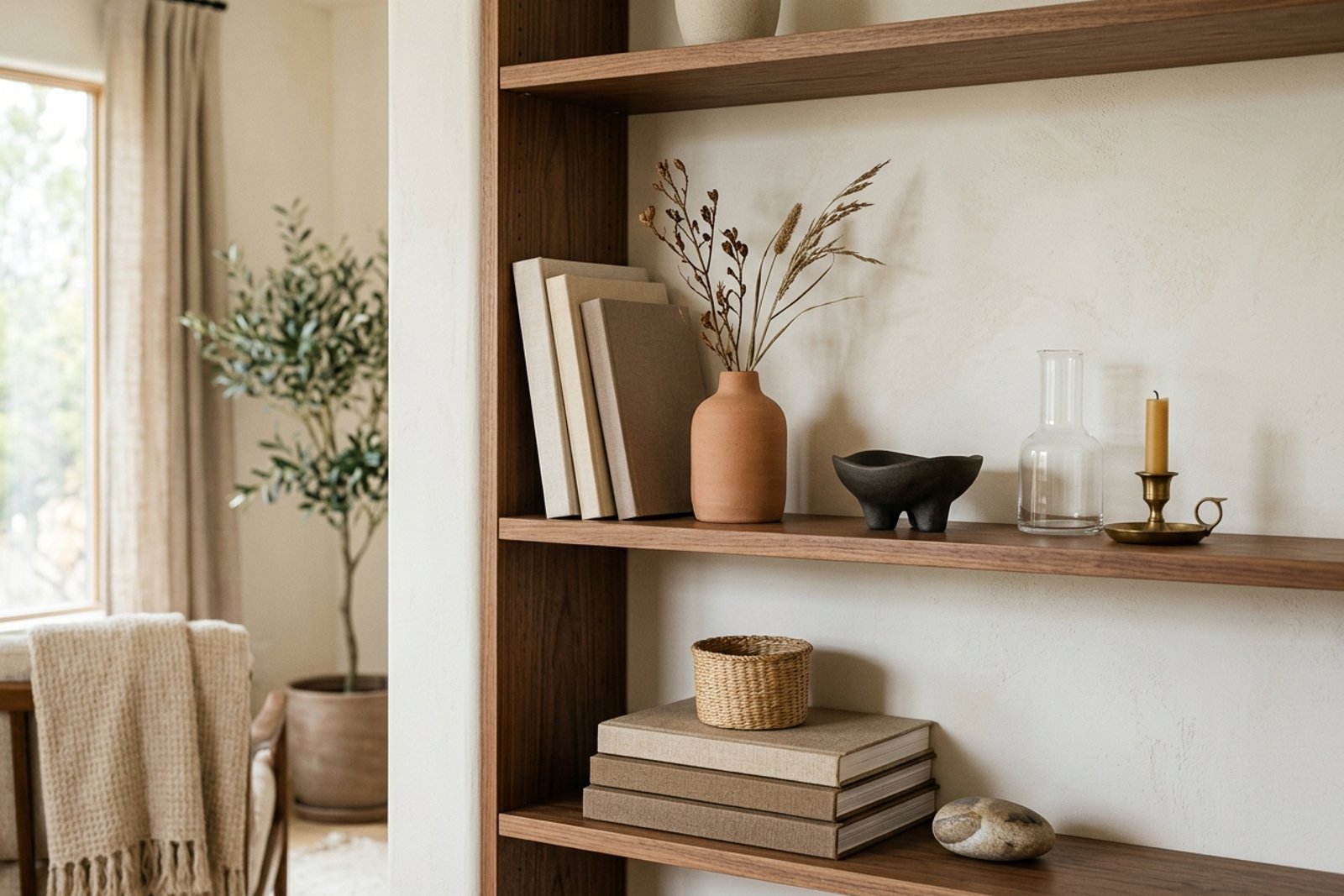 An open shelf displaying a small curated set of books, ceramics, and personal objects instead of storage bins