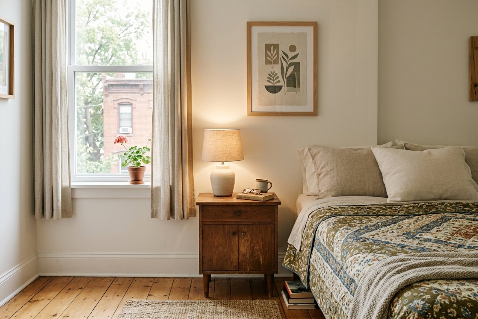 A rental bedroom with a patterned quilt, one framed print above the nightstand, and a lamp and personal object on display