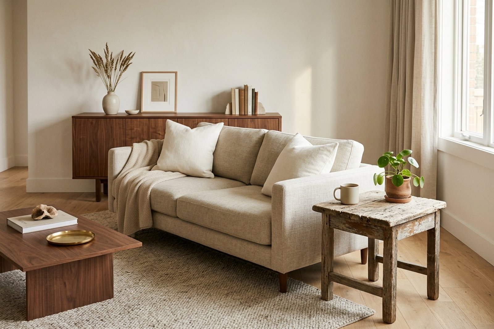 A living room with mostly new furniture and one weathered wood side table breaking the uniform finish
