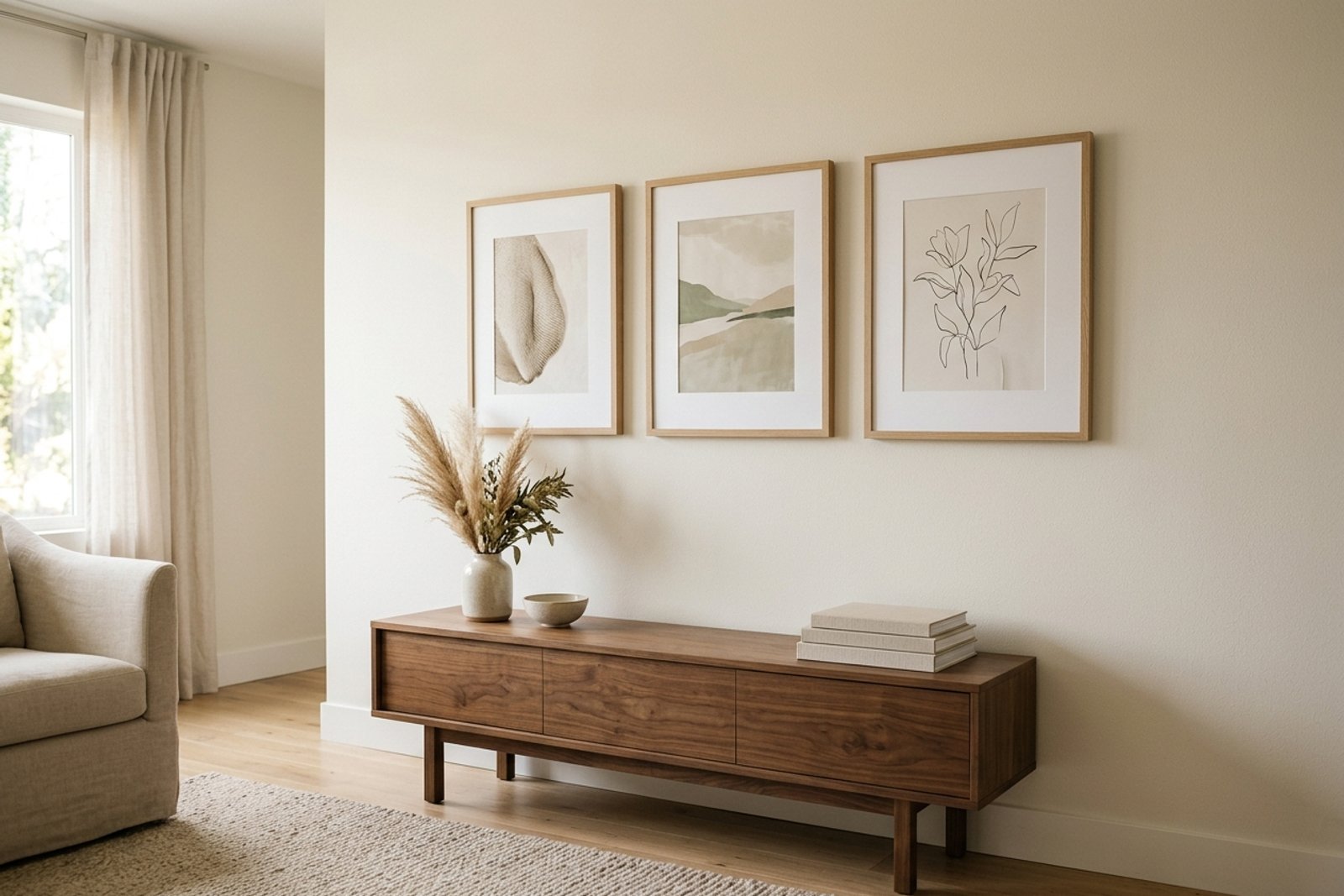 A rental apartment wall holding three framed prints hung with removable strips at eye level above a console table