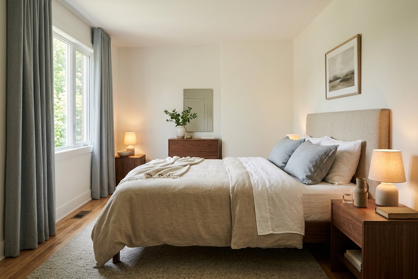 A calm bedroom arranged for sleep with soft bedding, shaded lamps, blackout curtains, and a clear path around the bed