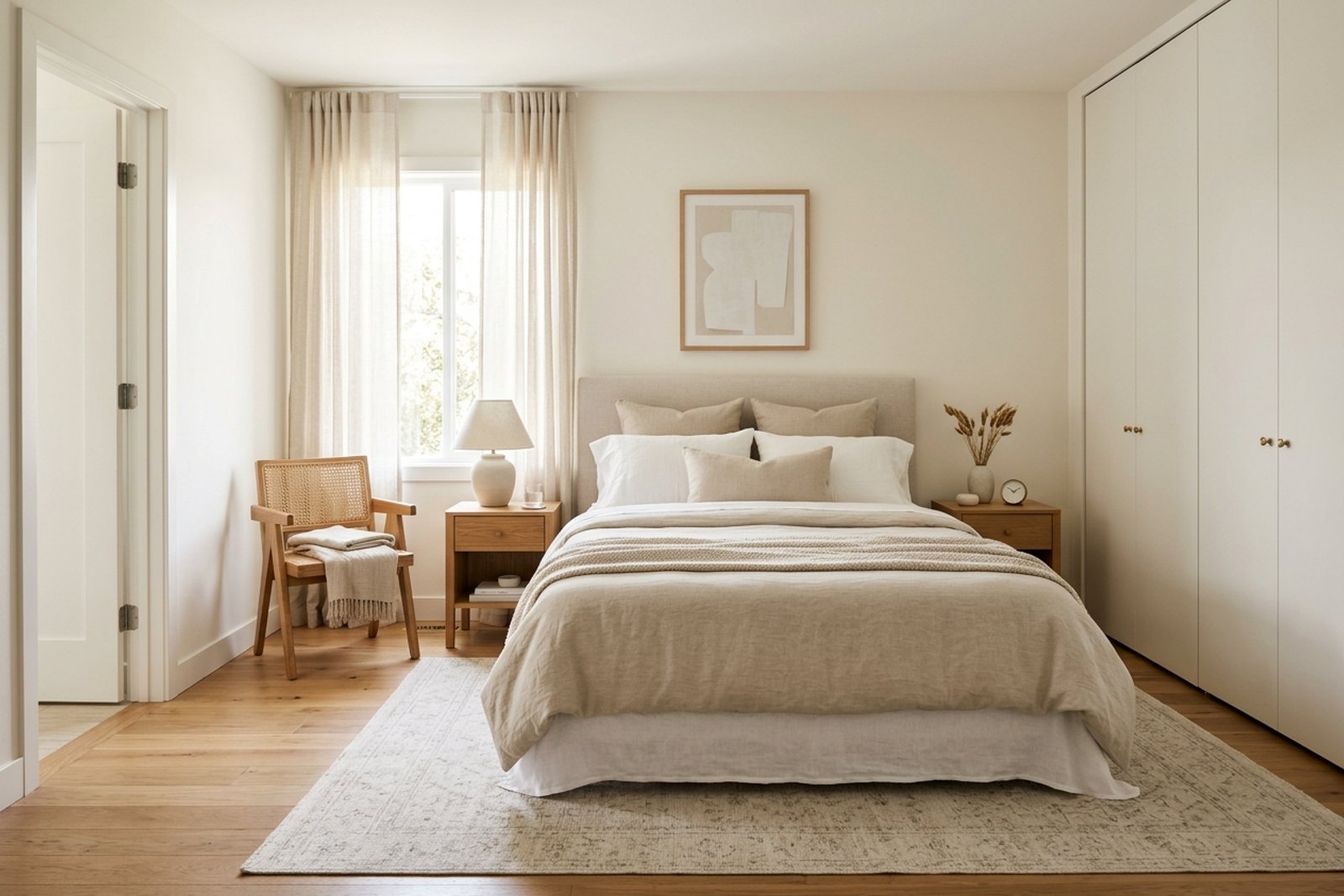 A bedroom with a clear walking path around the bed, simple furniture, and uncluttered surfaces