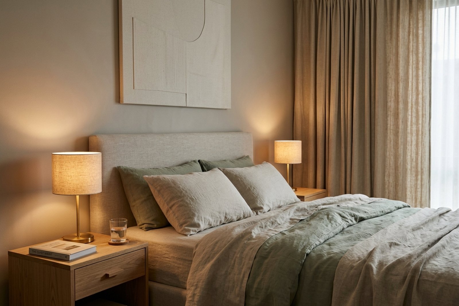 A quiet bedtime lighting setup with two warm shaded lamps and no harsh overhead light