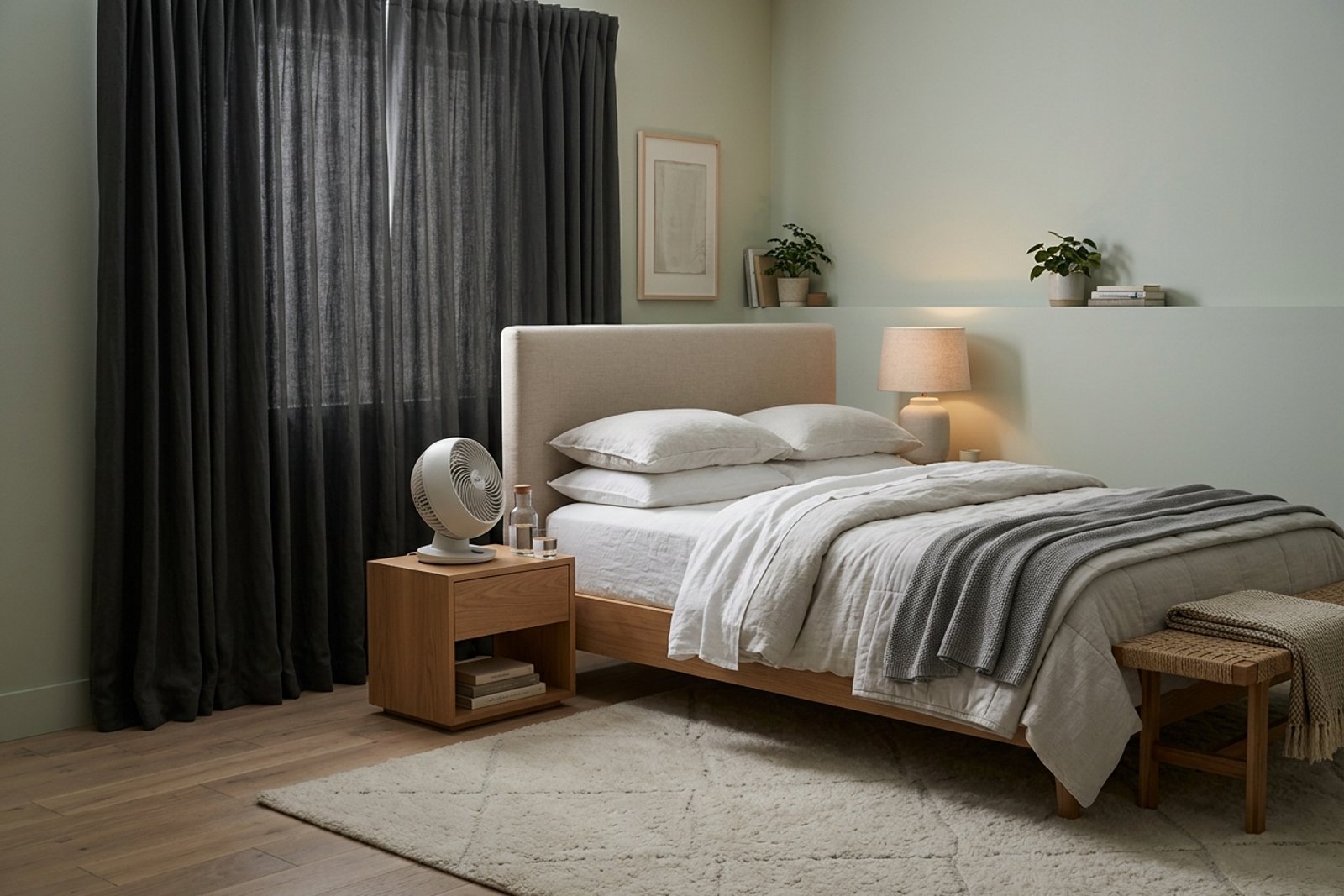 A restful bedroom with breathable bedding, a fan, blackout curtains, and calm layered textiles