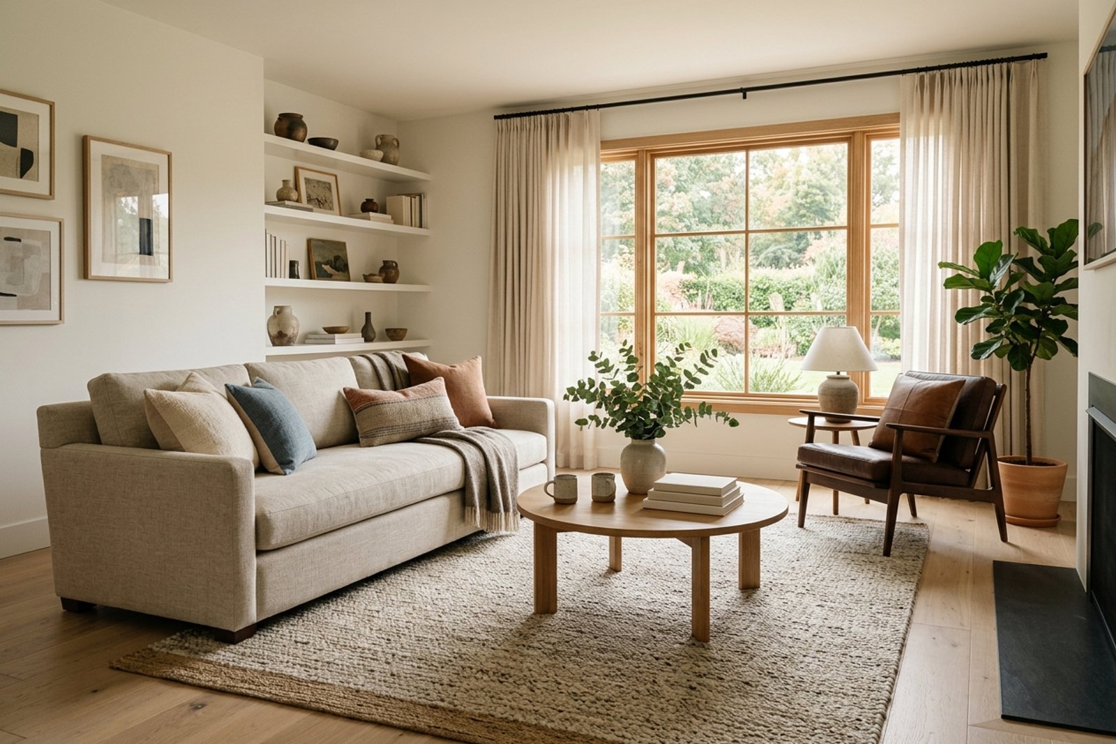 A living room sofa arranged with a clear view, a reachable coffee table, open walking paths, and seating that faces one honest purpose