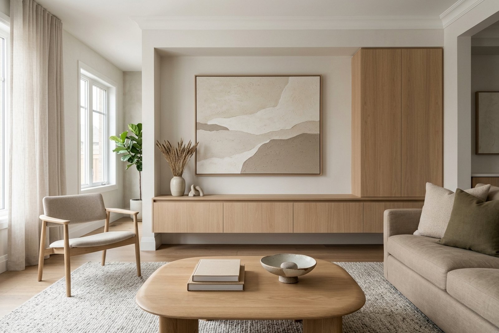 A living room coffee table and media wall with hidden cords, closed storage, fewer small objects, and one large calm artwork as the visual anchor