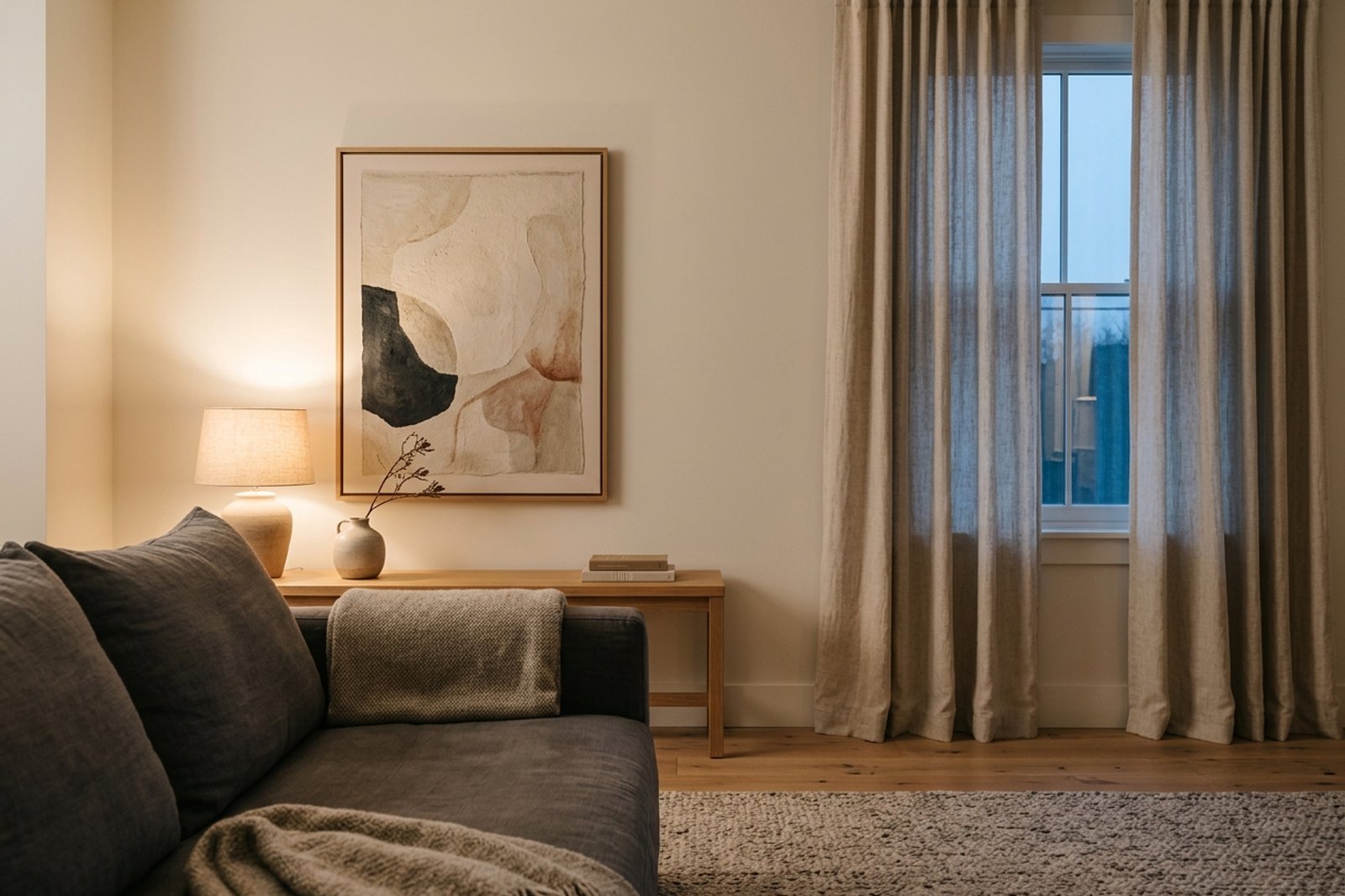 A sofa view facing a calm wall with simple curtains, one large artwork, warm lamp light, and no visible task objects