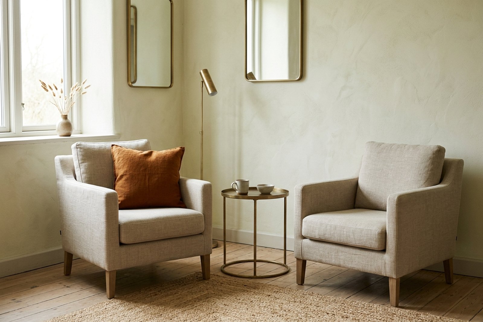 A living room built on a tight palette of two or three quiet tones with one repeated metal and a single deliberate color accent, reading as one calm surface rather than many separate objects