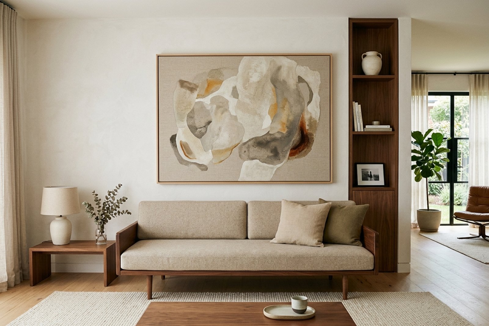 A living room with one large piece of art over the sofa acting as a clear focal point, the surrounding shelves and surfaces deliberately kept sparse so the eye rests on the art first