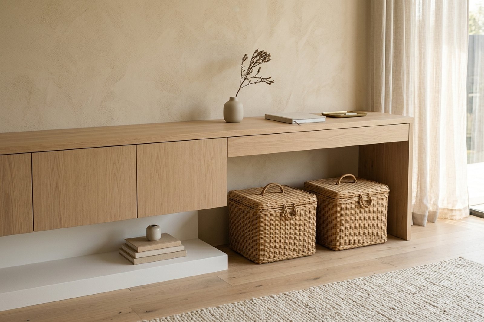 A low wood console with closed cabinet doors and two matching lidded baskets, styled with a clean front line and no visible cords, so nothing reads as an unfinished visual loop