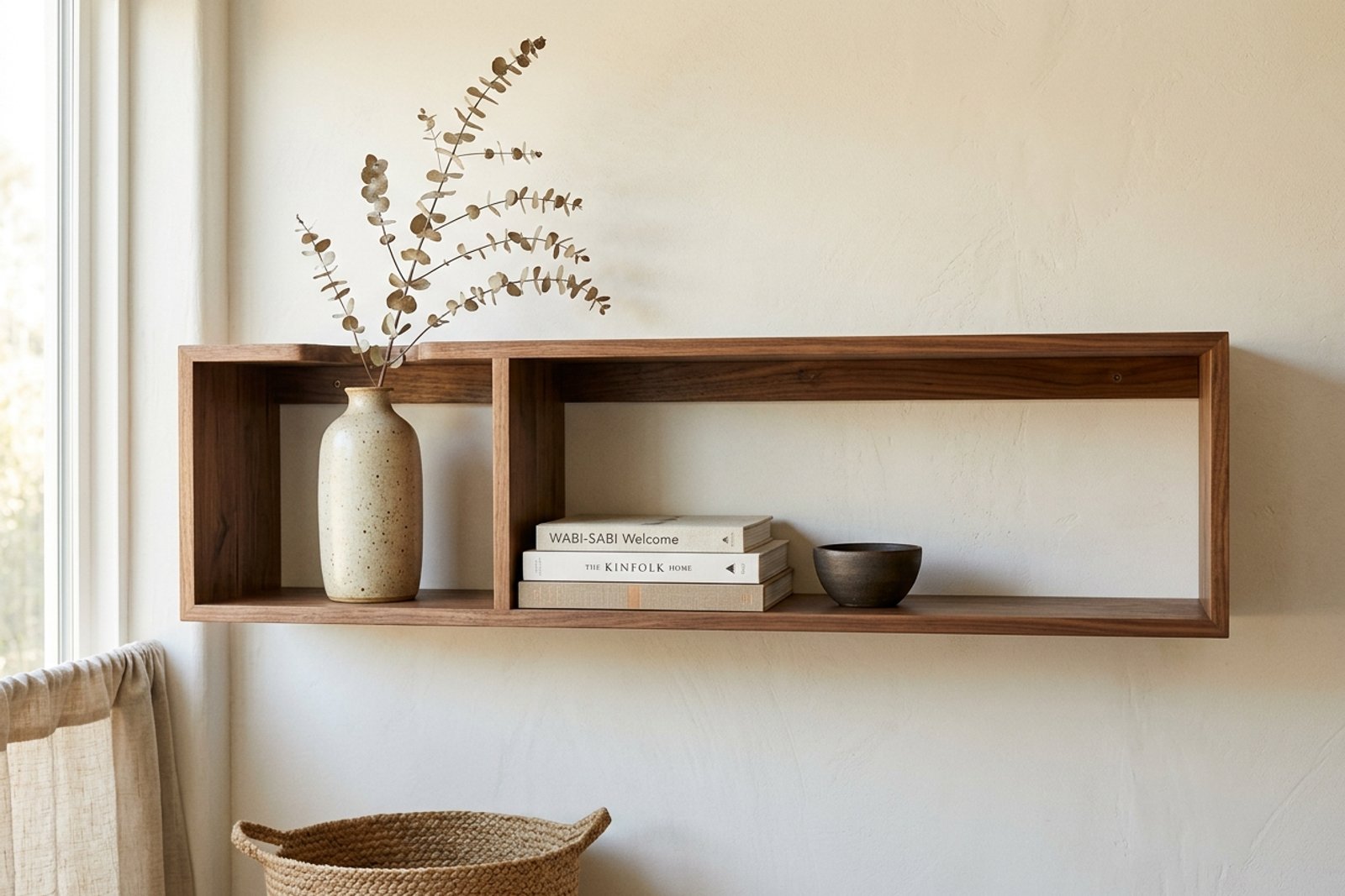 A single open wooden wall shelf styled with a low object count, one tall vase, a short stack of books, one small bowl, and about a third of the shelf left empty as breathing room