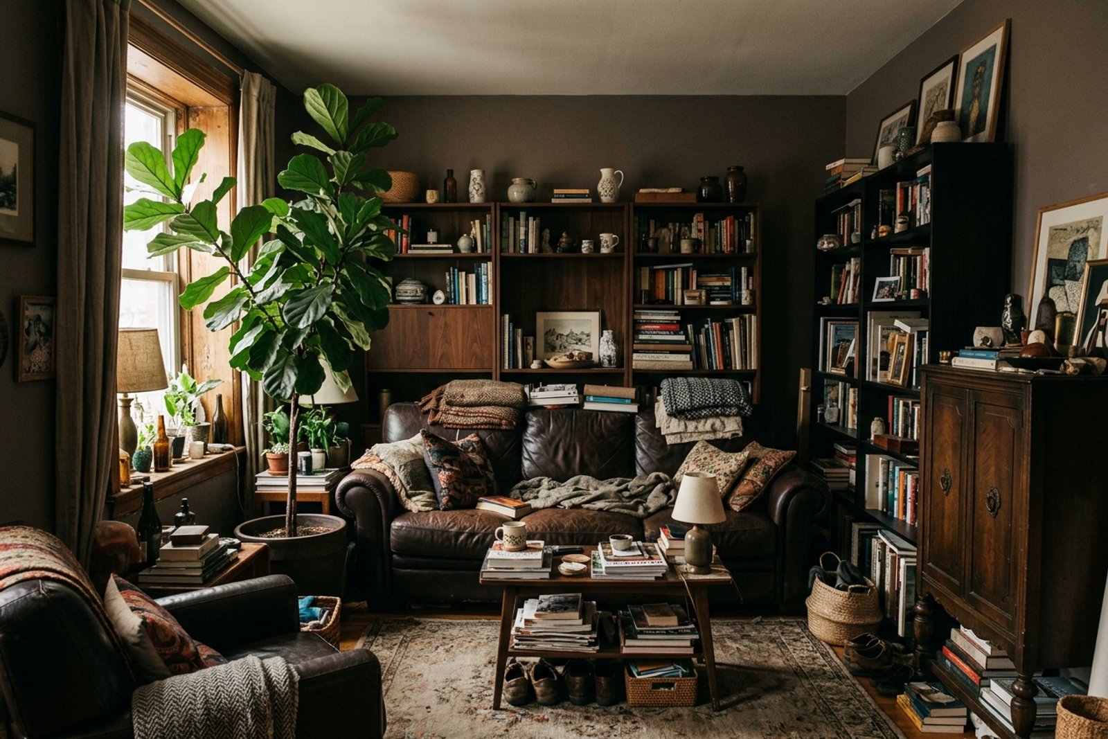 A normal sized living room that reads as cramped, sofa and shelves and a cabinet all pushed hard against the walls, the window half blocked by a tall plant, no clear floor in the middle