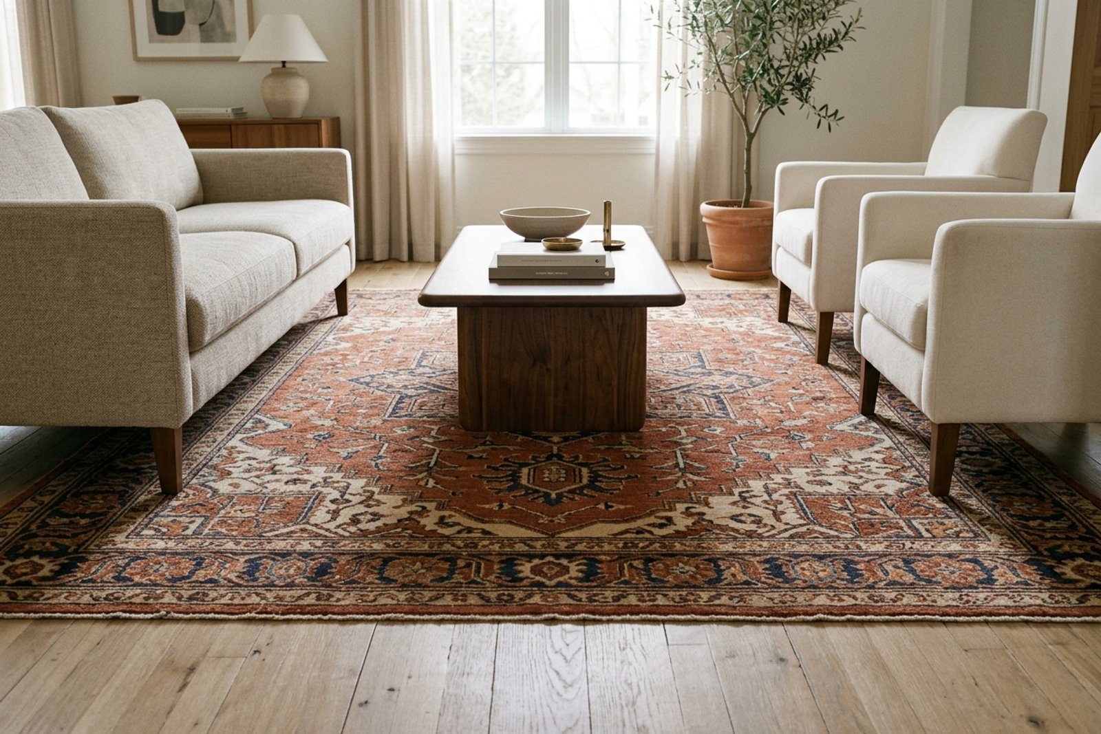 A living room where a large rug reaches under the front legs of the sofa and both chairs, tying the seating into one connected floor plane with a border of bare floor around it