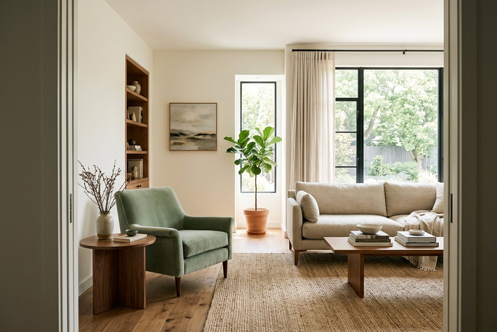 The same room after clearing the sight line, furniture pulled off the walls, a clear path from the door to an unblocked window, the far corner fully visible