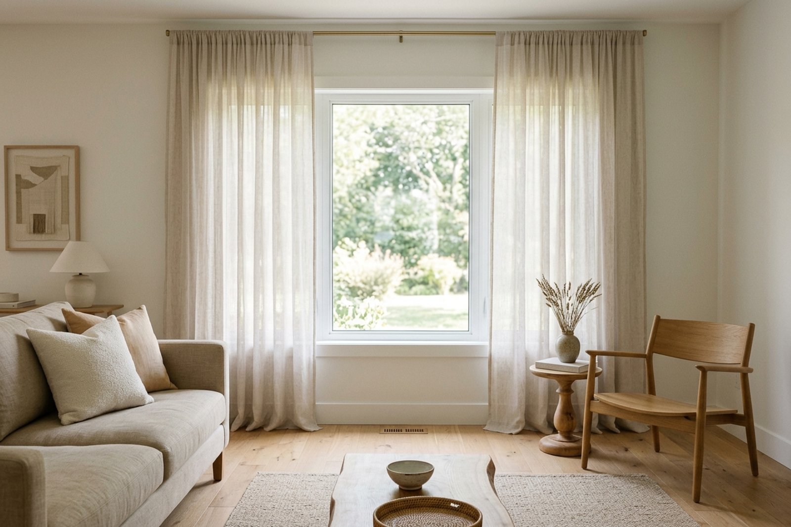 A bright room after clearing the window, clean glass, sheer curtains hung high and wide, tall furniture pulled back so daylight reaches deep into the room