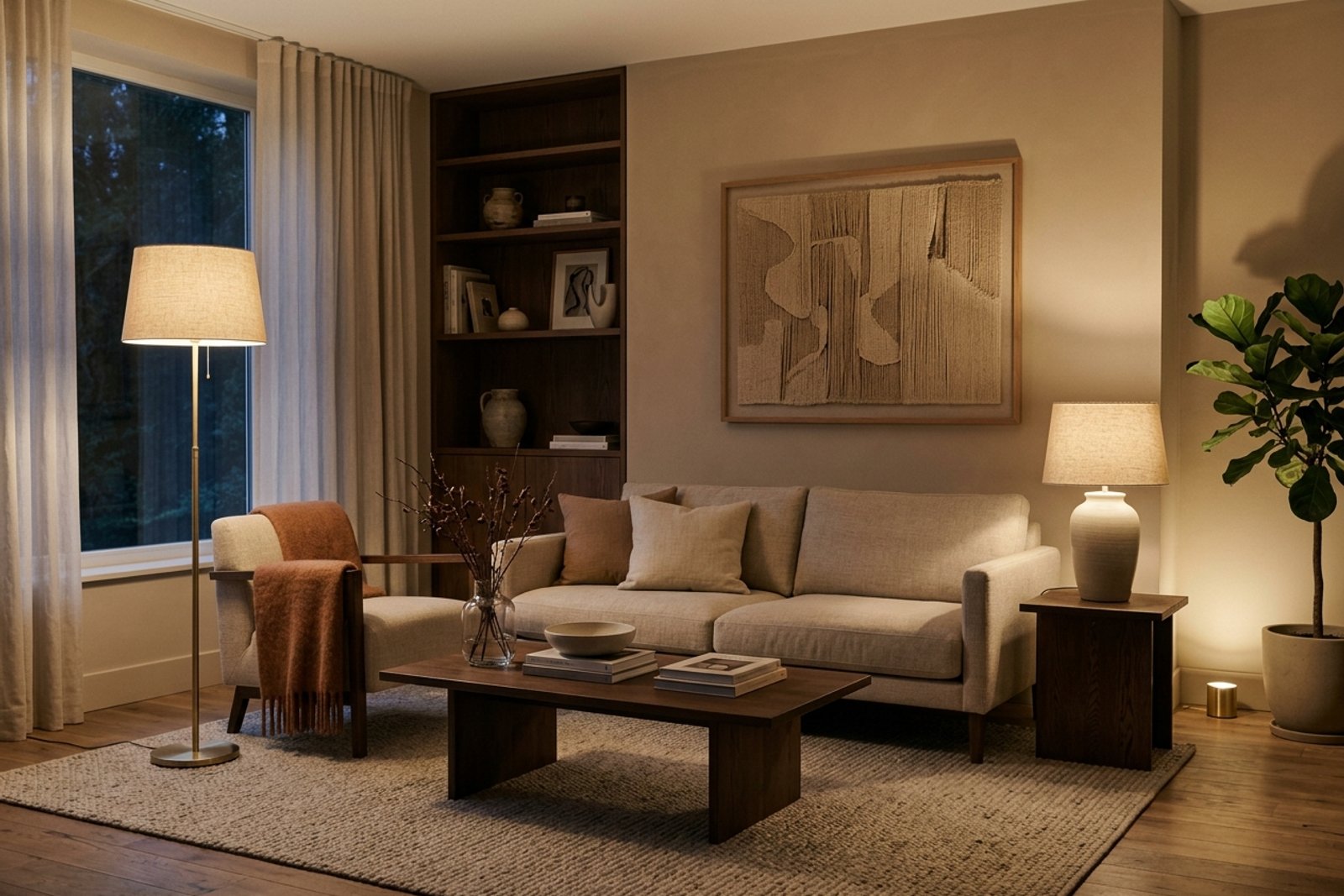 A living room in the evening lit by three sources at different heights, a floor lamp, a table lamp, and a low corner light, no dark corners left