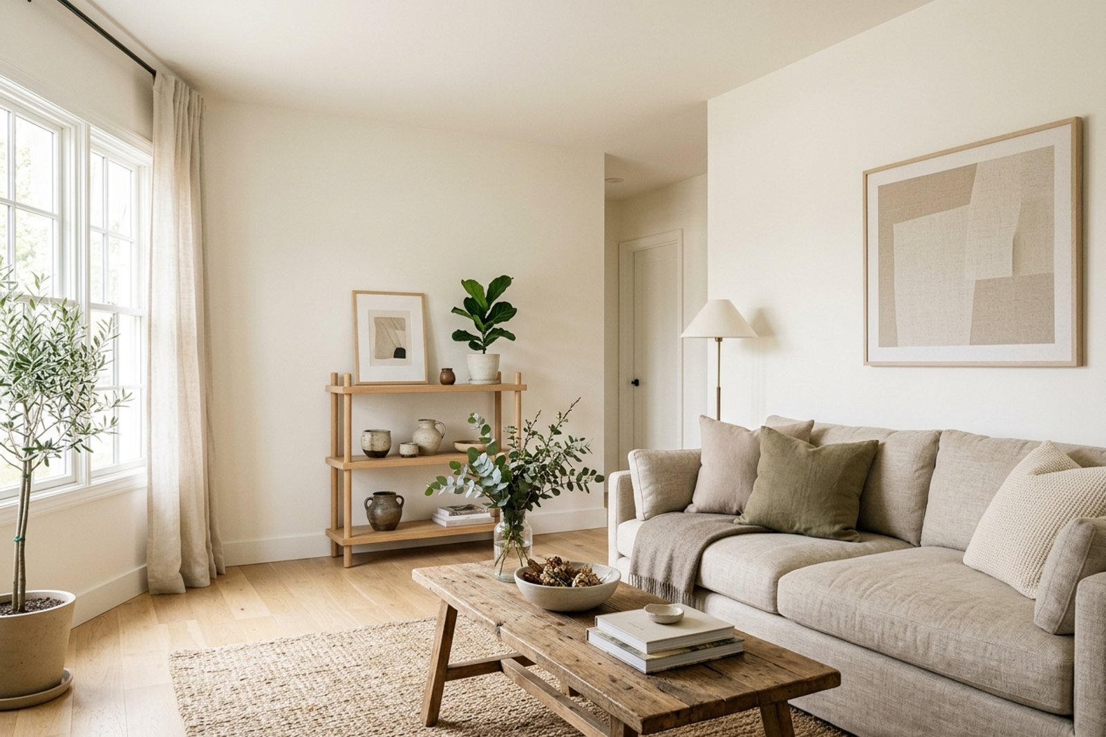 A bright airy room painted in a high LRV off white with a satin finish, light bouncing around the walls even under modest daylight